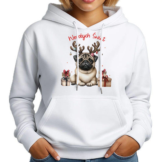 Mops Wesołych Świąt | Świąteczna bluza damska z kapturem BN91 - StoryCups.pl