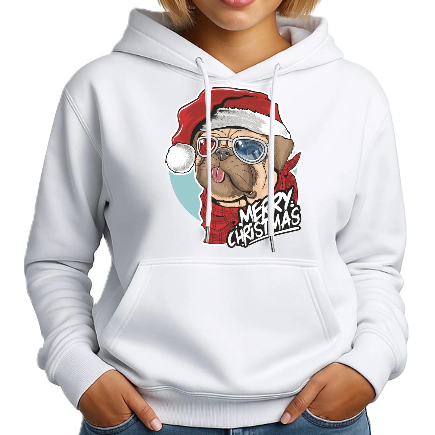 Merry Christmas | Świąteczna bluza damska z kapturem i mopsem BN62 - StoryCups.pl