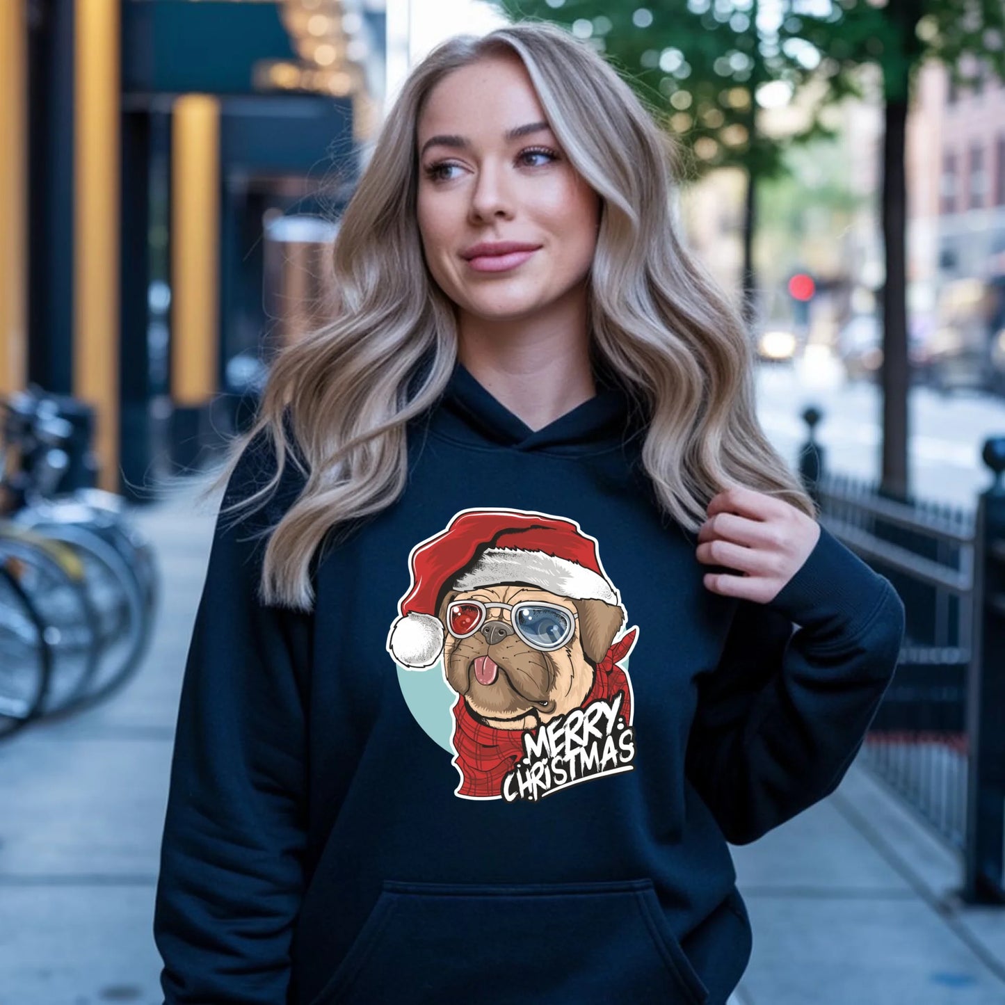 Merry Christmas | Świąteczna bluza damska z kapturem i mopsem BN62 - StoryCups.pl