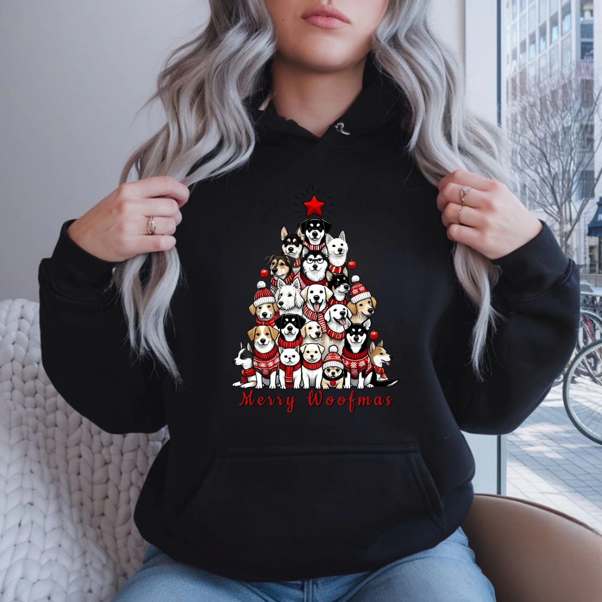 Merry woofmas | Świąteczna bluza damska z kapturem BN90 - StoryCups.pl
