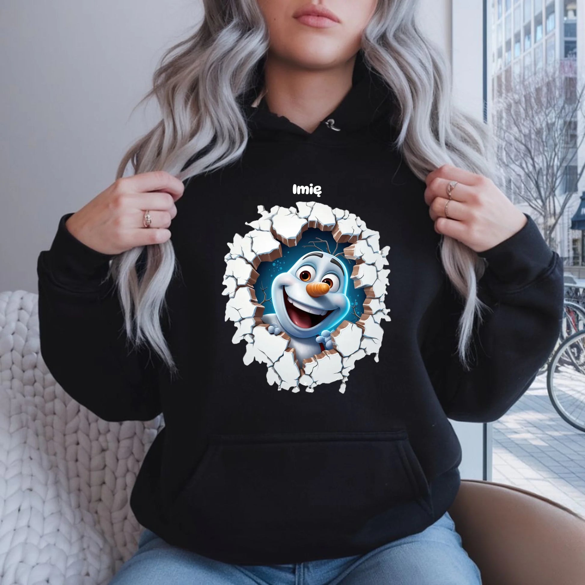 Bałwan 3D | Personalizowana świąteczna bluza damska z kapturem BN84 - StoryCups.pl