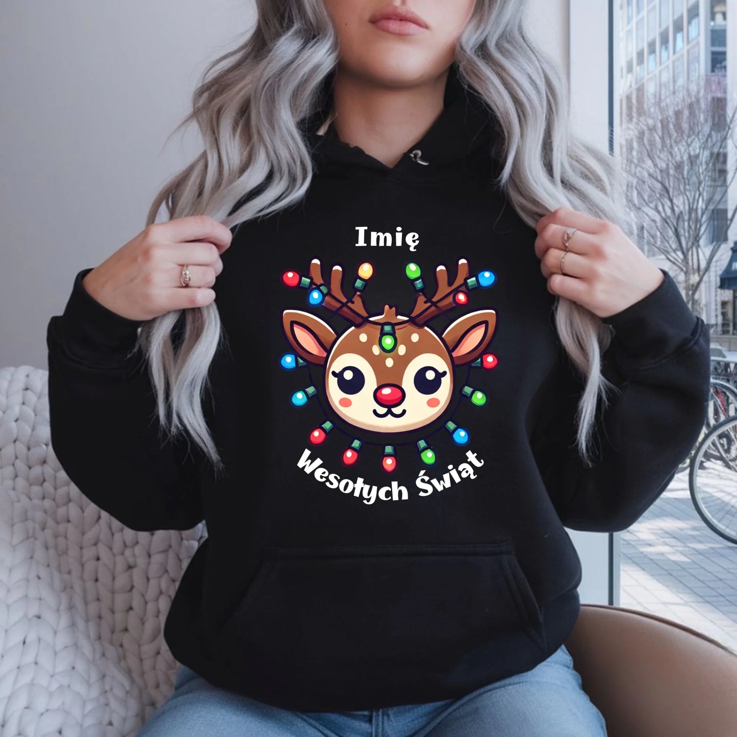 Renifer Wesołych Świąt | Personalizowana świąteczna bluza damska z kapturem BN72 - StoryCups.pl
