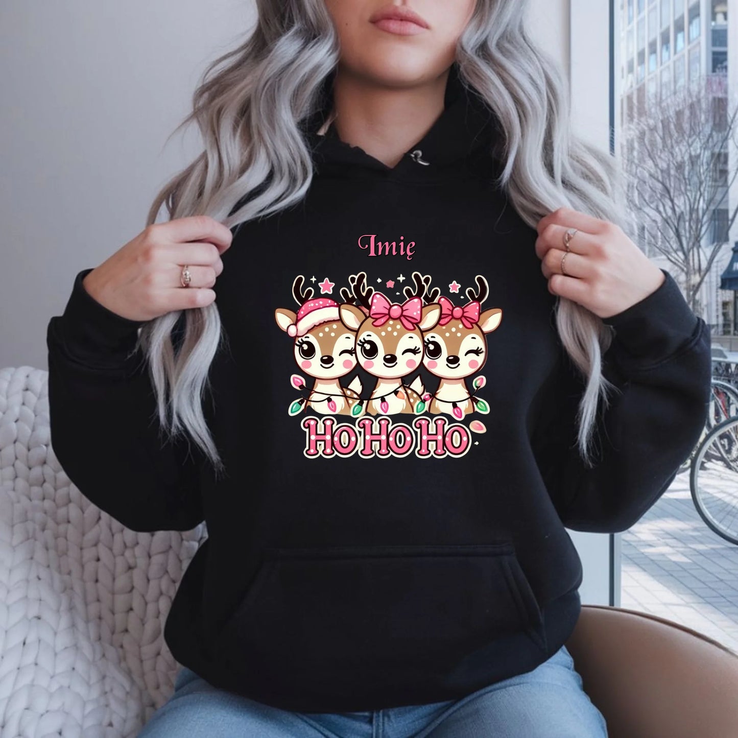 Ho ho ho reniferki | Świąteczna bluza damska z kapturem i personalizacją BN49 - StoryCups.pl