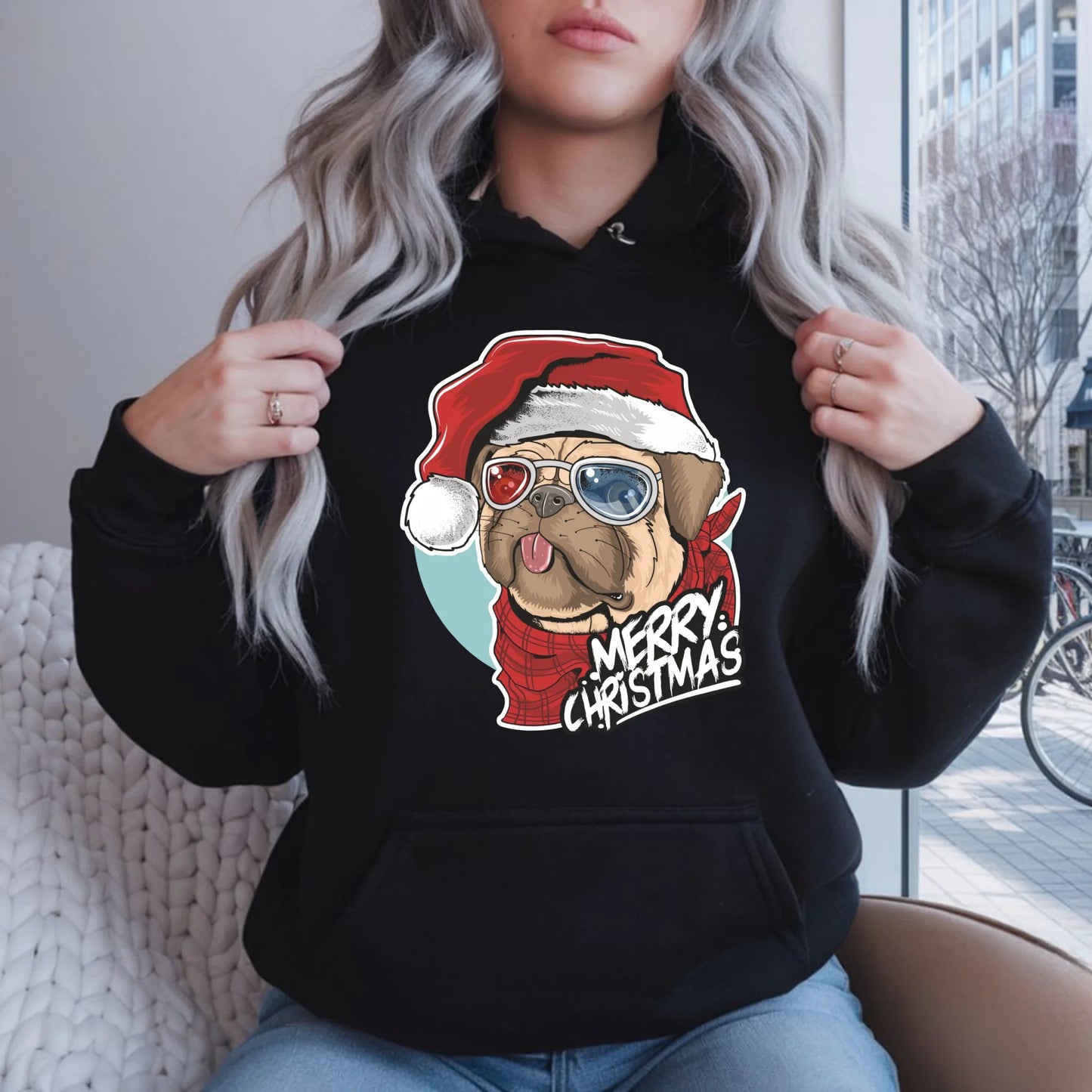 Merry Christmas | Świąteczna bluza damska z kapturem i mopsem BN62 - StoryCups.pl