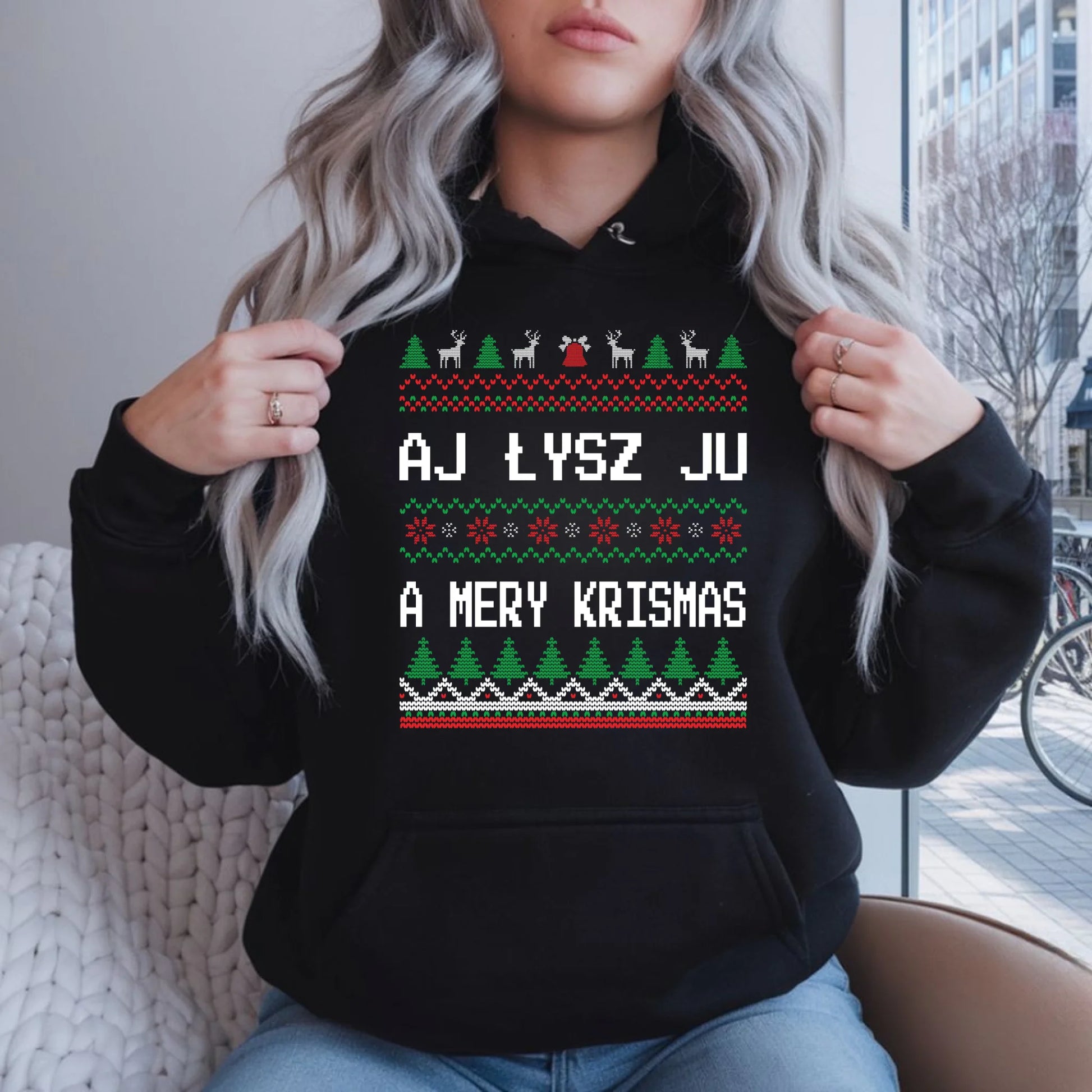 Aj łysz ju a mery krismas | Świąteczna bluza damska z kapturem BN12 - StoryCups.pl
