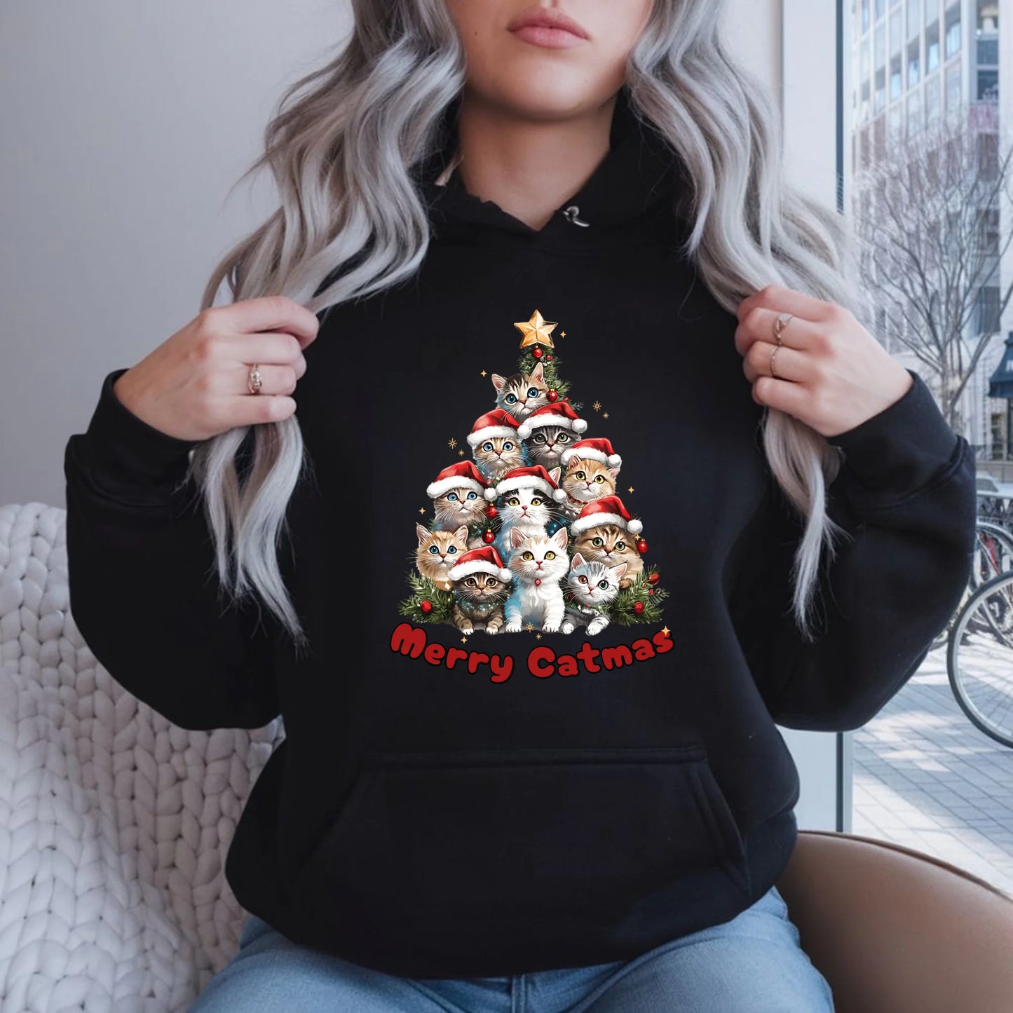 Merry Catmas | Świąteczna bluza damska z kapturem BN20 - StoryCups.pl