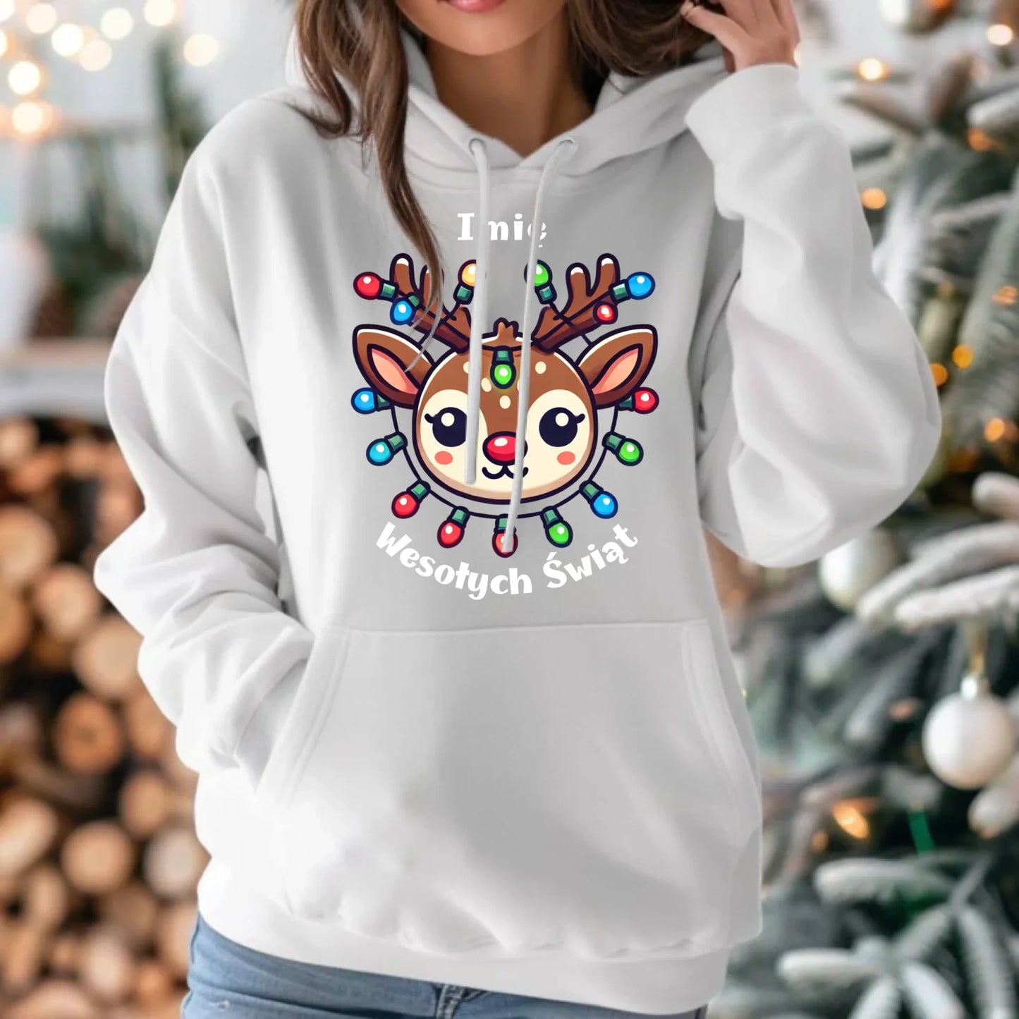 Renifer Wesołych Świąt | Personalizowana świąteczna bluza damska z kapturem BN72 - StoryCups.pl