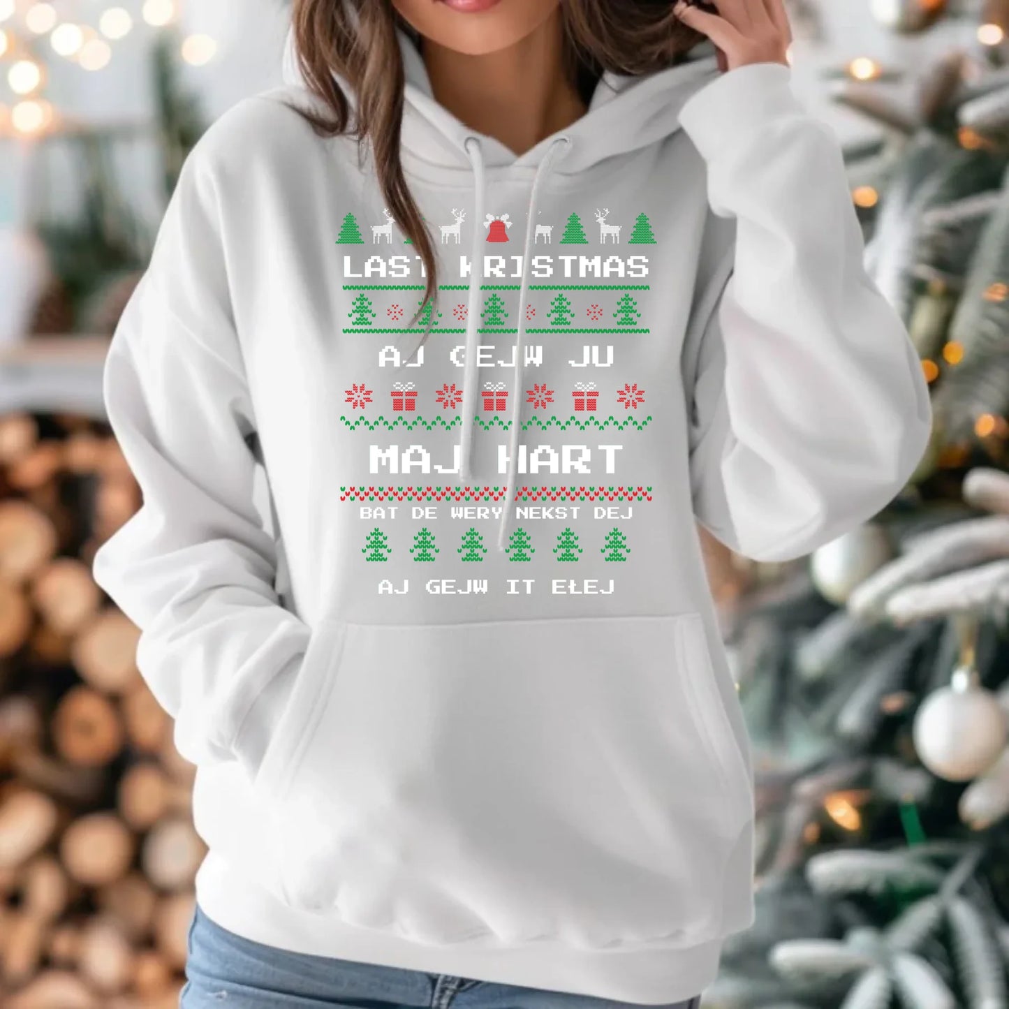Last kristmas aj gejw ju maj hart | Świąteczna bluza damska z kapturem BN13 - StoryCups.pl