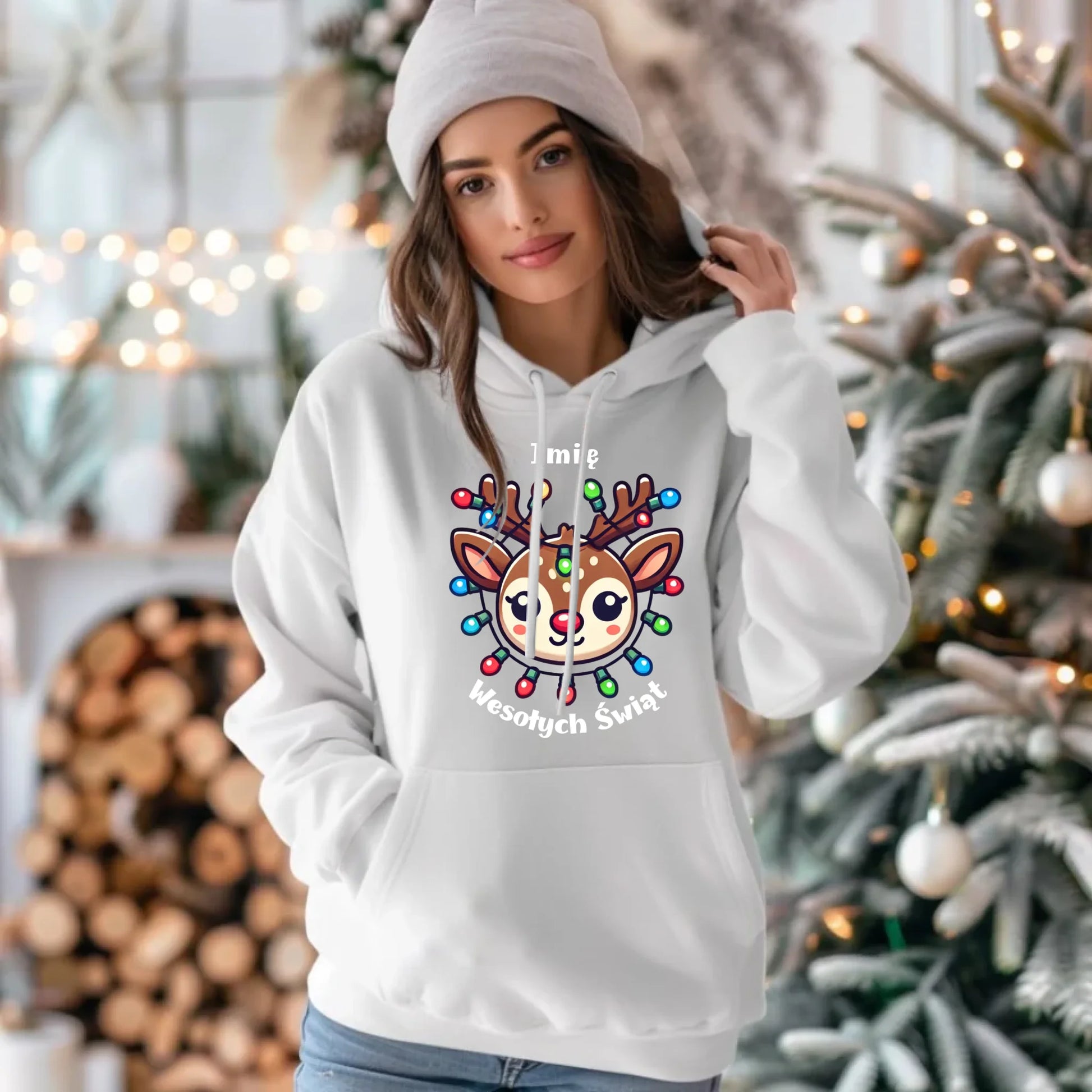 Renifer Wesołych Świąt | Personalizowana świąteczna bluza damska z kapturem BN72 - StoryCups.pl
