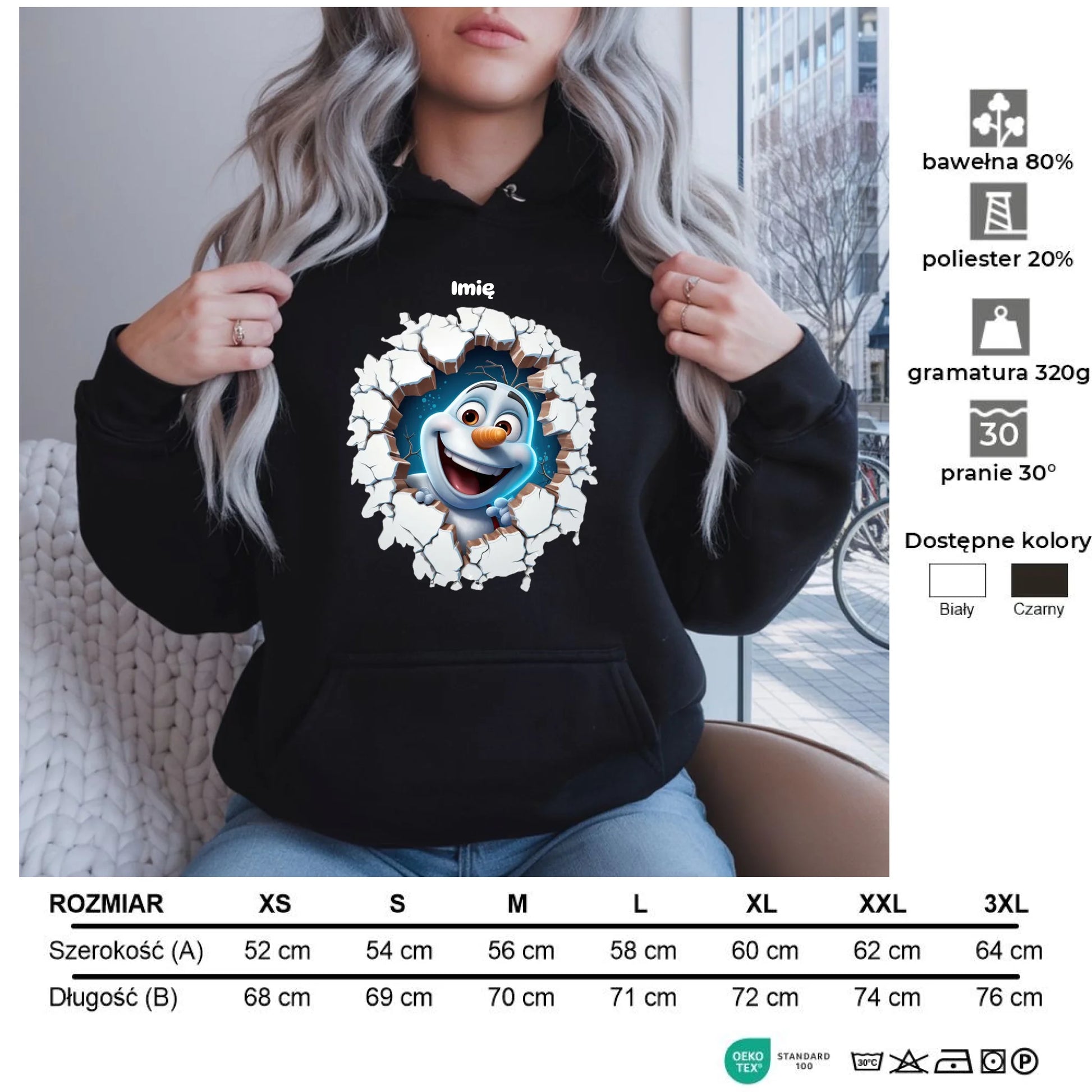 Bałwan 3D | Personalizowana świąteczna bluza damska z kapturem BN84 - StoryCups.pl