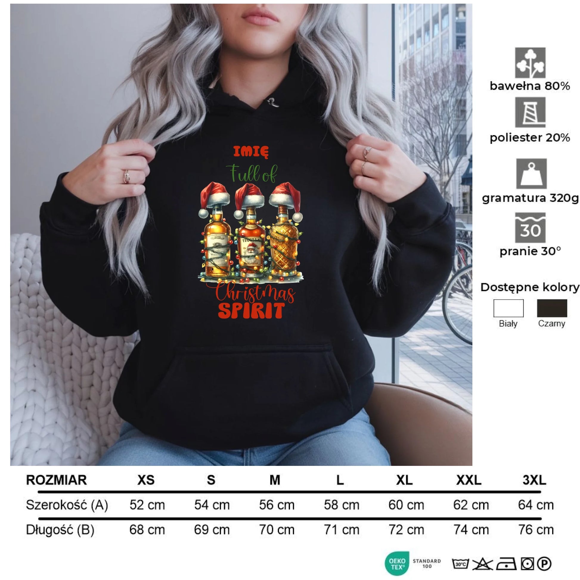 Pełen świątecznego ducha | Personalizowana świąteczna bluza damska z kapturem BN69 - StoryCups.pl