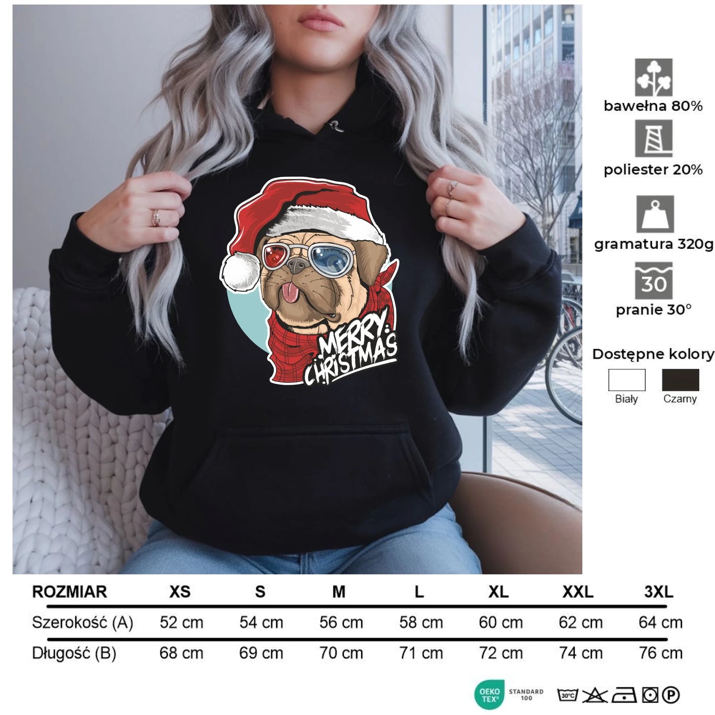 Merry Christmas | Świąteczna bluza damska z kapturem i mopsem BN62 - StoryCups.pl