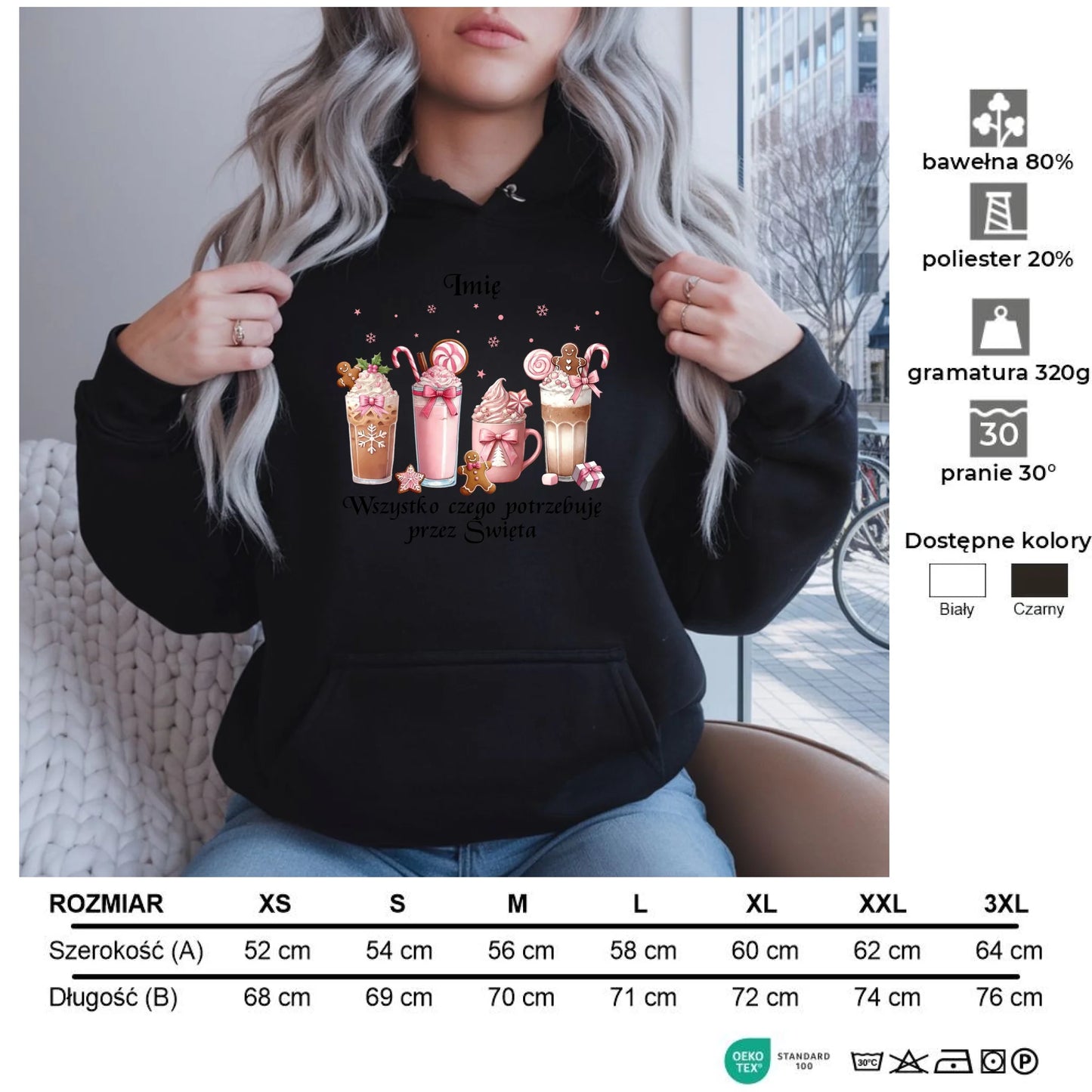 Wszystko czego potrzebuję przez Święta | Świąteczna bluza damska z kapturem BN46 - StoryCups.pl