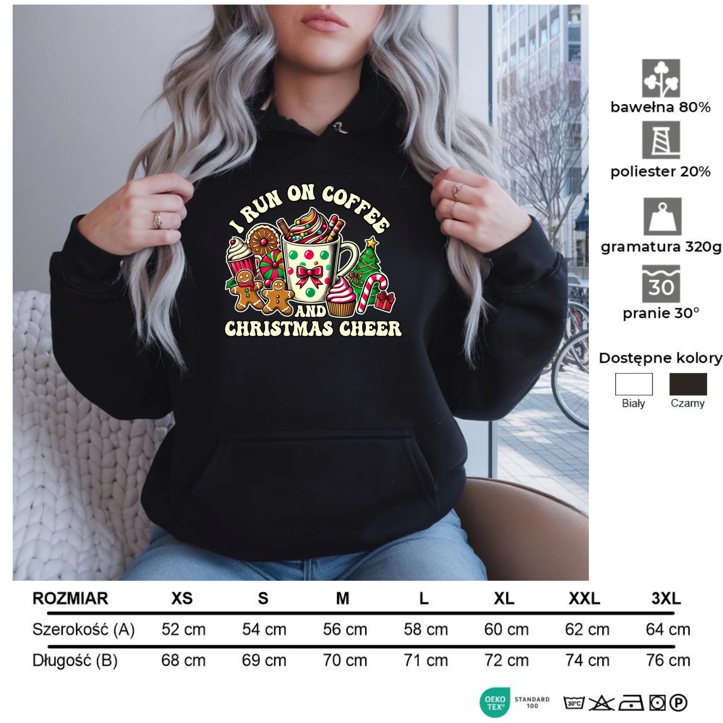 I run on coffee | Świąteczna bluza damska z kapturem BN47 - StoryCups.pl