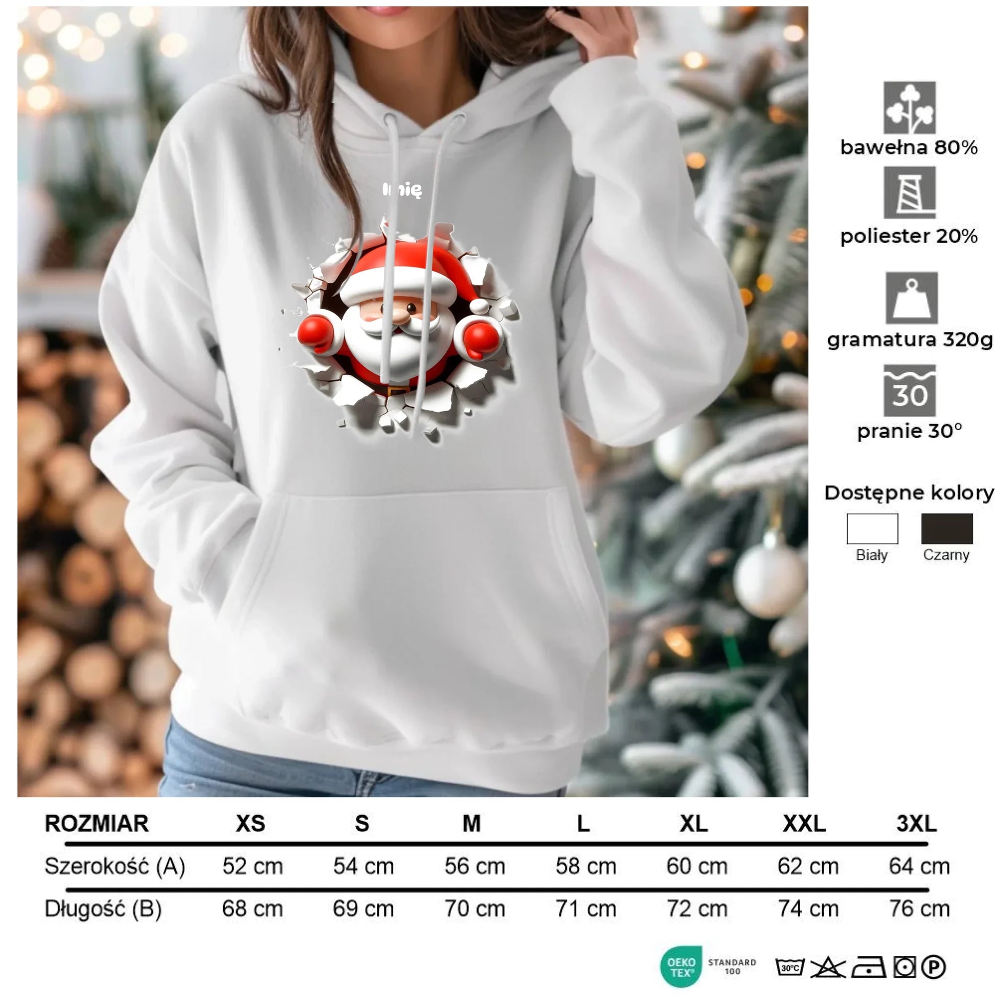 Mikołaj 3D | Personalizowana świąteczna bluza damska z kapturem BN80 - StoryCups.pl