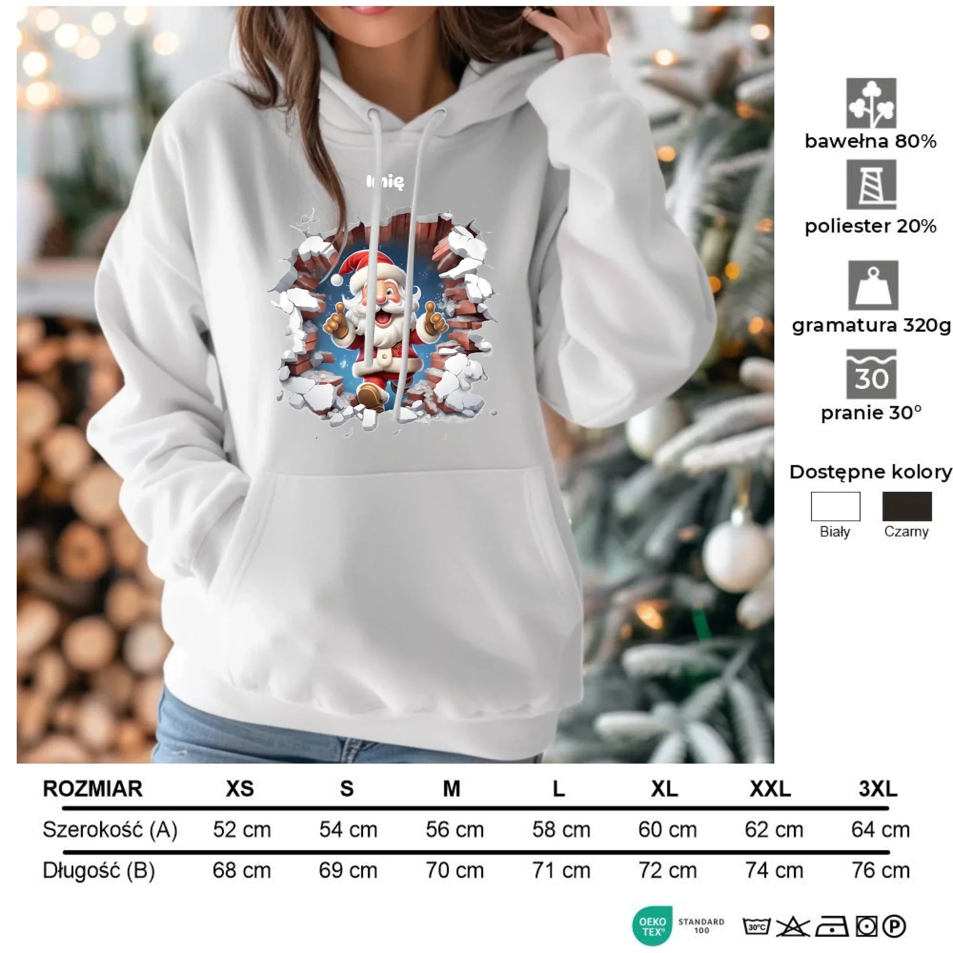 Mikołaj 3D | Personalizowana świąteczna bluza damska z kapturem BN83 - StoryCups.pl