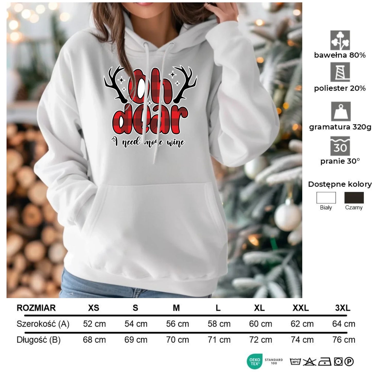 Potrzebuję więcej wina | Personalizowana świąteczna bluza damska z kapturem BN63 - StoryCups.pl