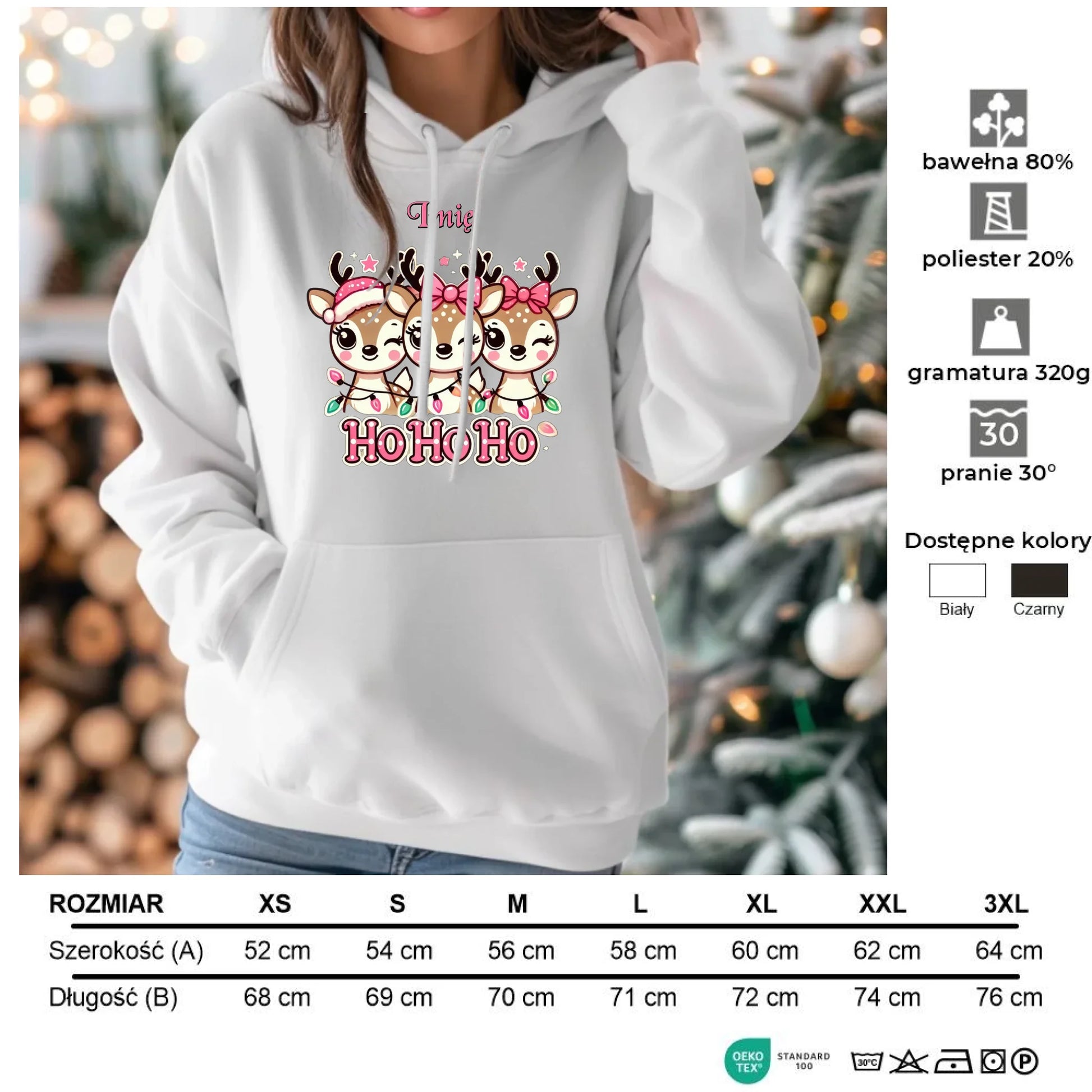 Ho ho ho reniferki | Świąteczna bluza damska z kapturem i personalizacją BN49 - StoryCups.pl