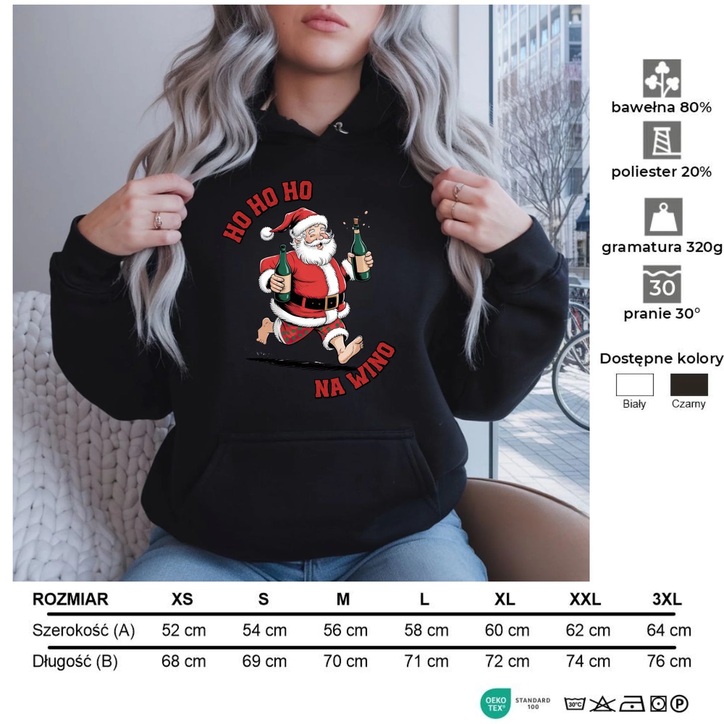 Ho ho ho na wino | Świąteczna bluza damska z kapturem BN61 - StoryCups.pl