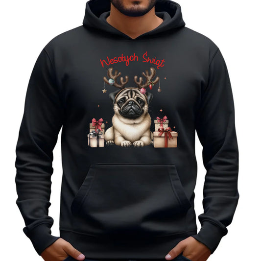 Mops Wesołych Świąt | Świąteczna bluza męska z kapturem BN91 - StoryCups.pl
