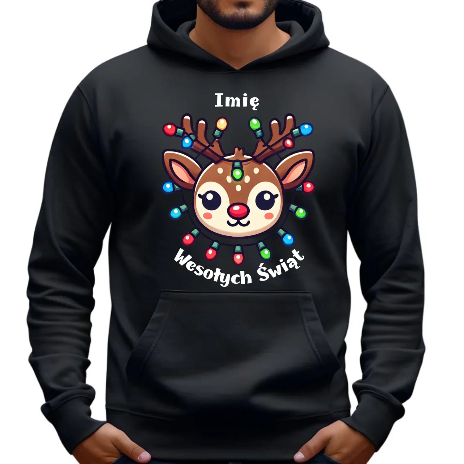 Renifer Wesołych Świąt | Personalizowana świąteczna bluza męska z kapturem BN72 - StoryCups.pl