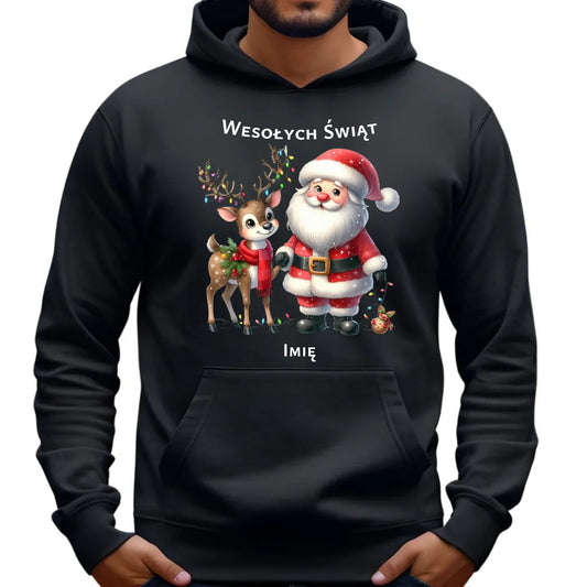 Mikołaj i renifer | Personalizowana świąteczna bluza męska z kapturem BN09 - StoryCups.pl