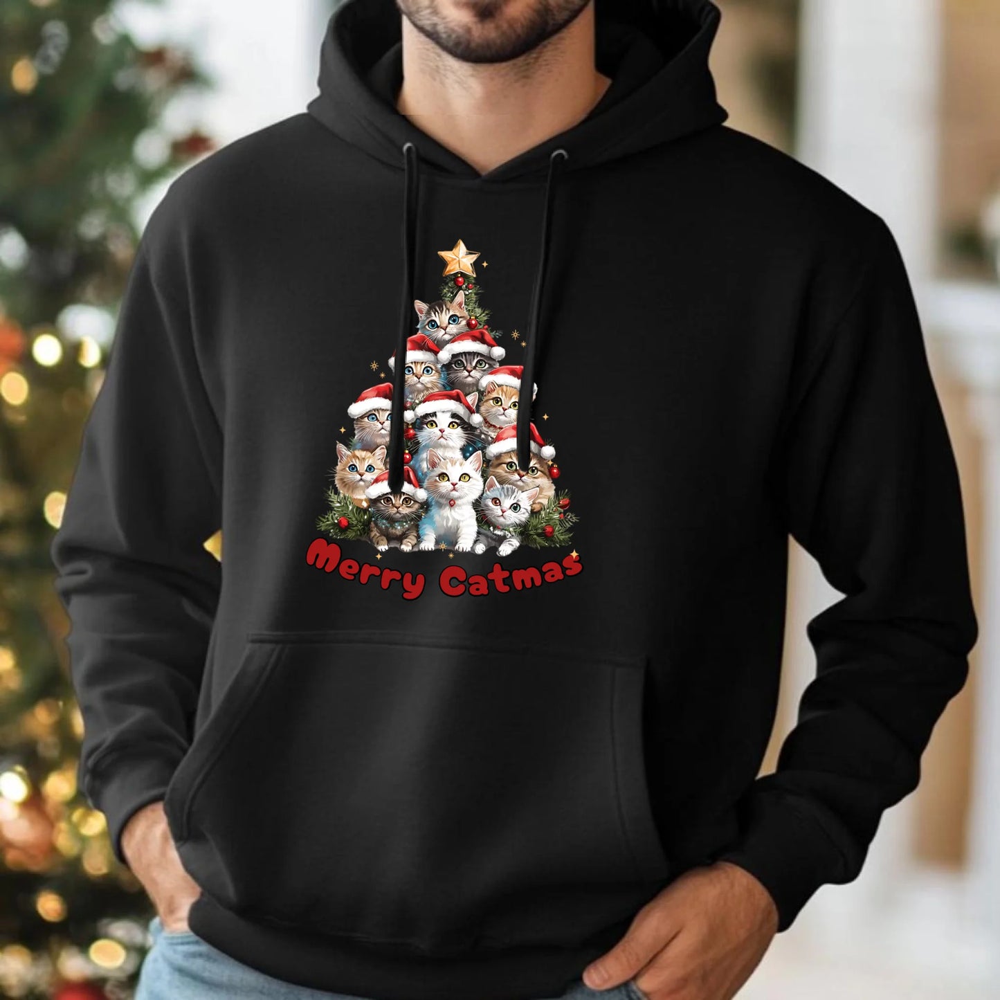 Merry Catmas | Świąteczna bluza męska z kapturem BN20 - StoryCups.pl