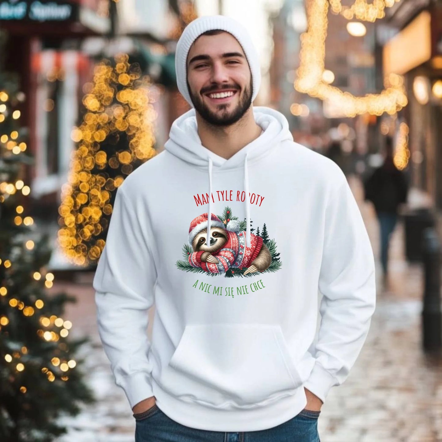 Mam tyle roboty, a nic mi się nie chce | Świąteczna bluza męska hoodie z leniwcem BN18 - StoryCups.pl