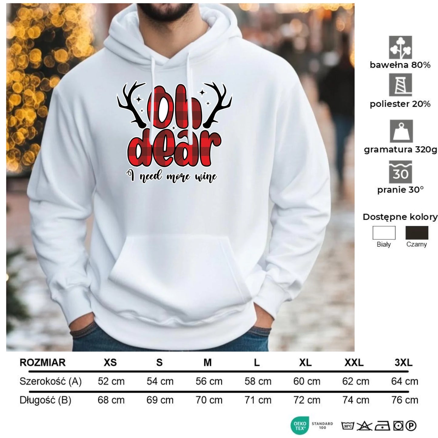 Potrzebuję więcej wina | Świąteczna bluza męska z kapturem BN63 - StoryCups.pl