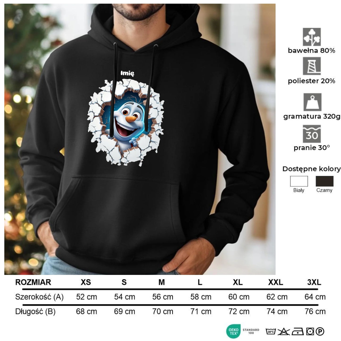 Bałwan 3D | Personalizowana świąteczna bluza męska z kapturem BN84 - StoryCups.pl
