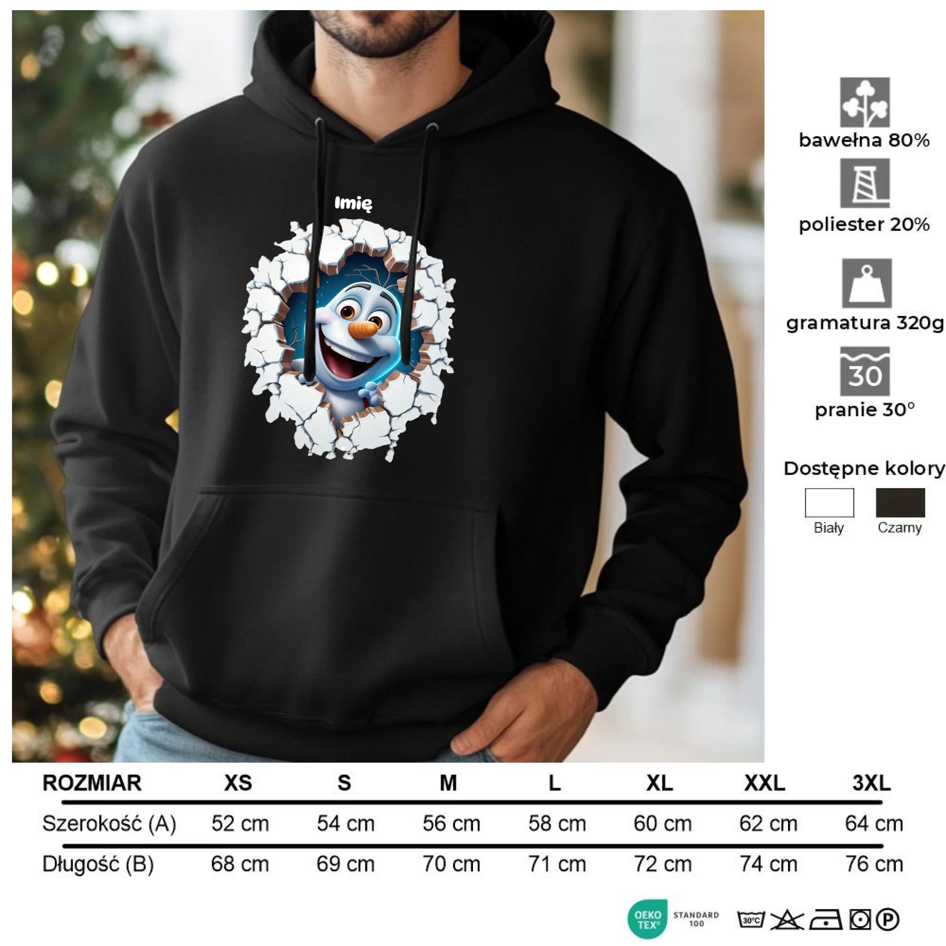 Bałwan 3D | Personalizowana świąteczna bluza męska z kapturem BN84 - StoryCups.pl