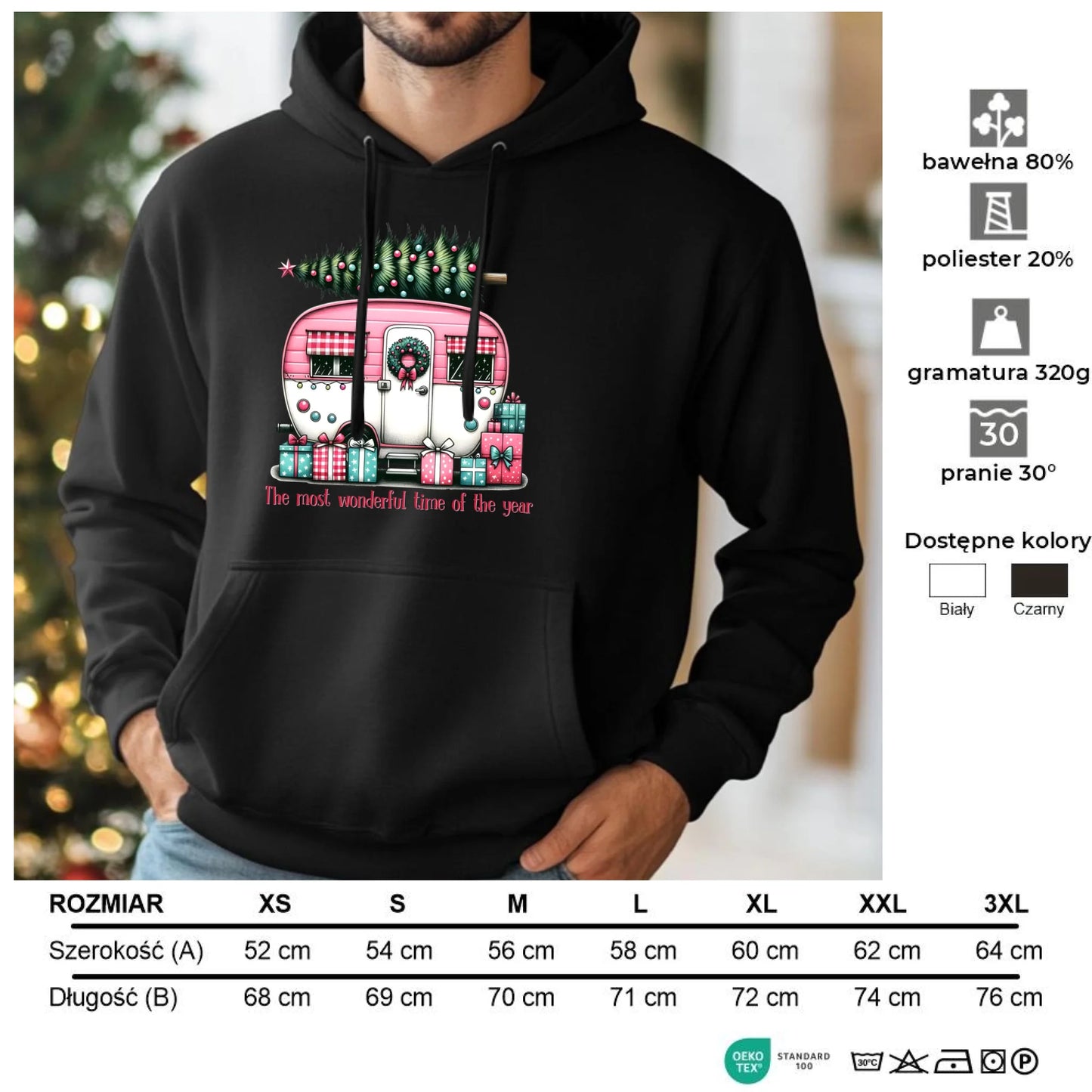 Kempingowe Święta | Świąteczna bluza męska z kapturem BN40 - StoryCups.pl