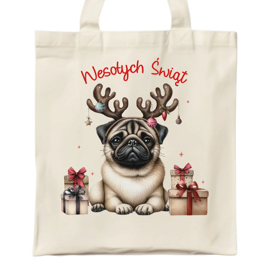 Mops Wesołych Świąt | Świąteczna torba BN91 - StoryCups.pl