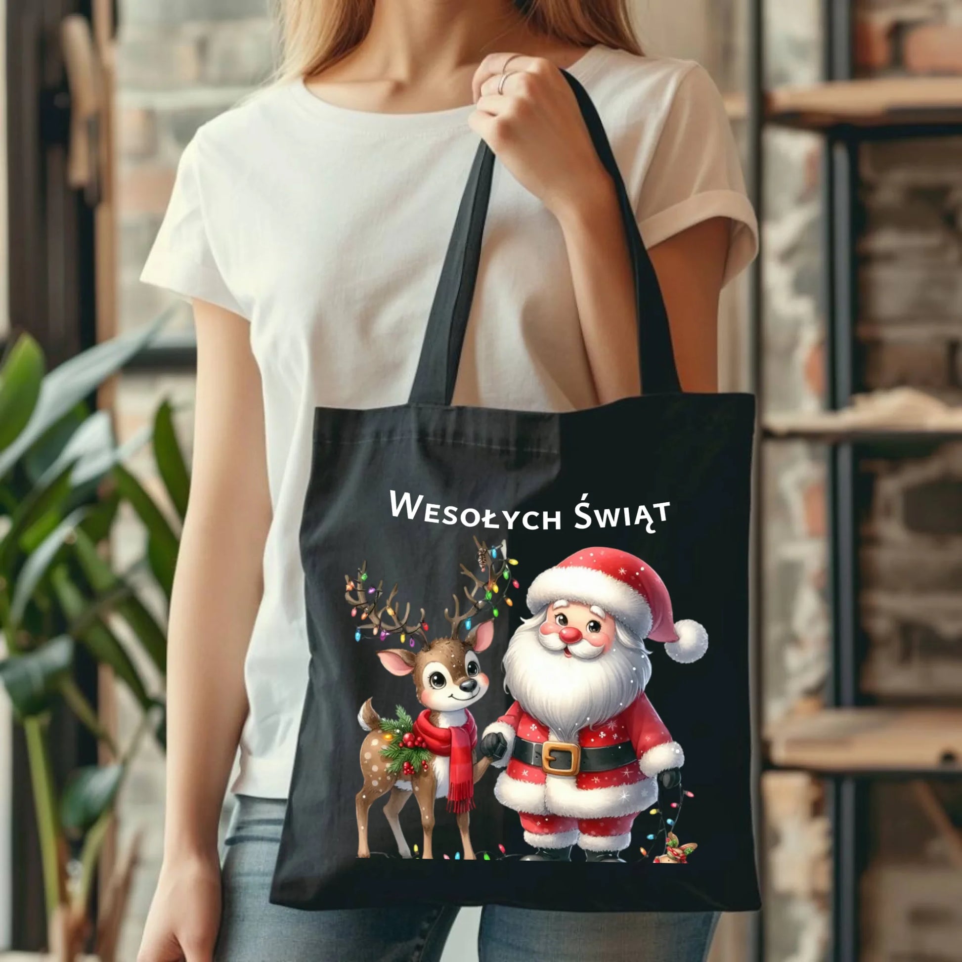 Mikołaj i renifer | Personalizowana świąteczna eco torba BN09 - StoryCups.pl