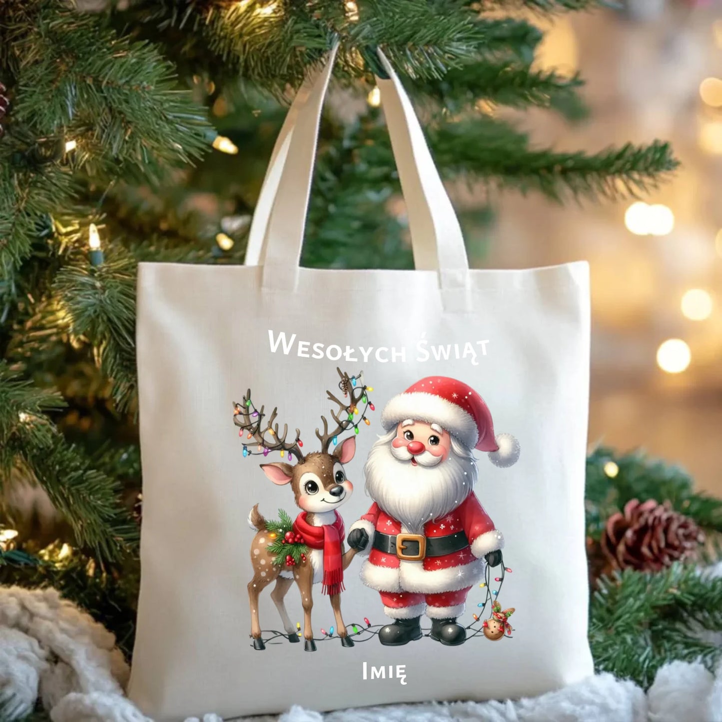 Mikołaj i renifer | Personalizowana świąteczna eco torba BN09 - StoryCups.pl