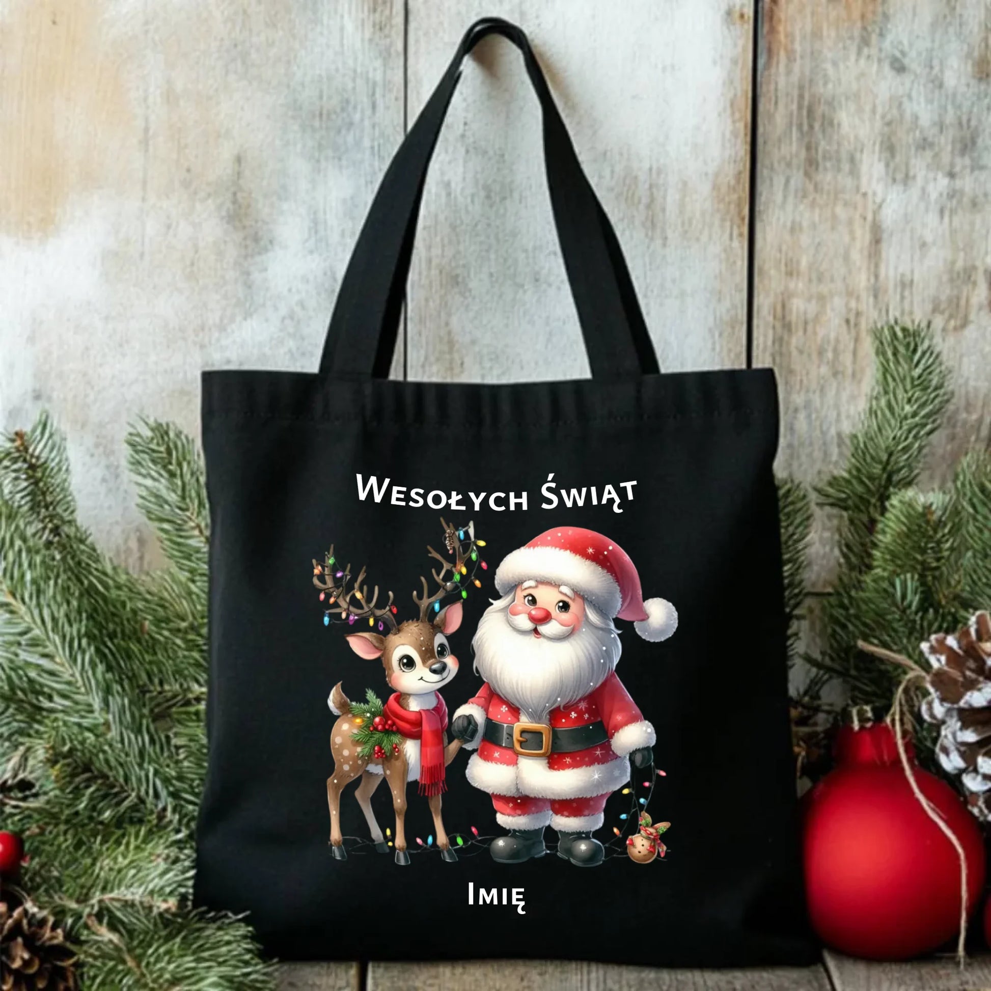 Mikołaj i renifer | Personalizowana świąteczna eco torba BN09 - StoryCups.pl