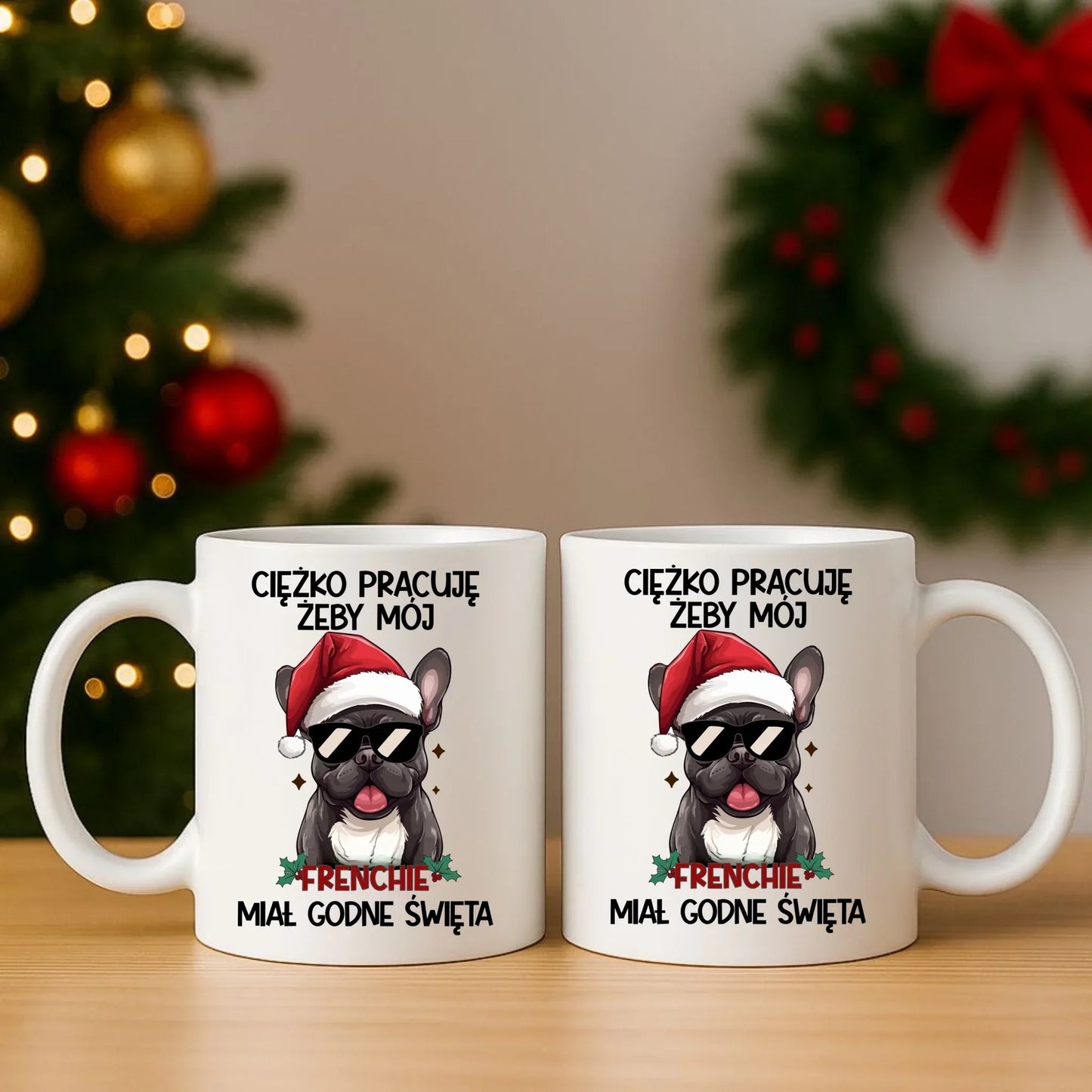 Zestaw poduszka i kubek świąteczny - Buldożek Francuski - Ciężko pracuję, żeby mój frenchie miał godne święta BN109 - StoryCups.pl