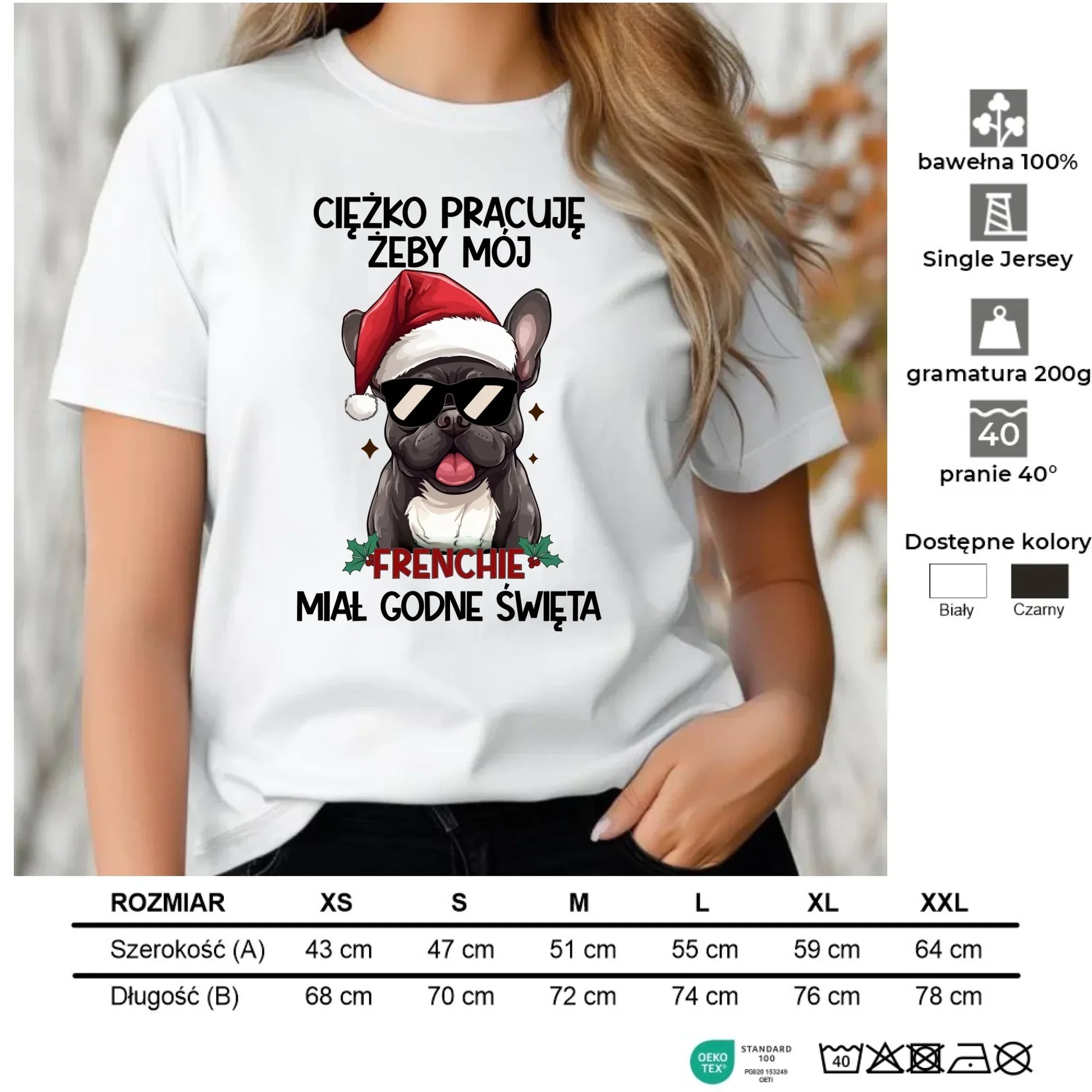 Koszulka damska świąteczna - Buldożek Francuski - Ciężko pracuję, żeby mój frenchie miał godne święta BN109 - StoryCups.pl