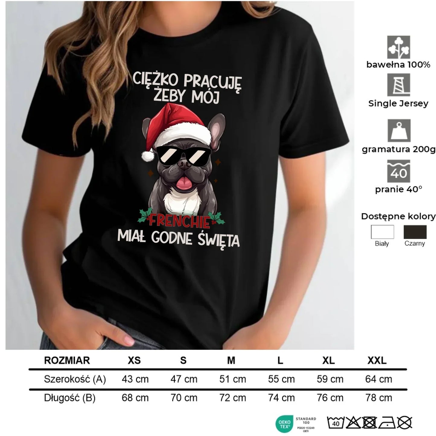 Koszulka damska świąteczna - Buldożek Francuski - Ciężko pracuję, żeby mój frenchie miał godne święta BN109 - StoryCups.pl