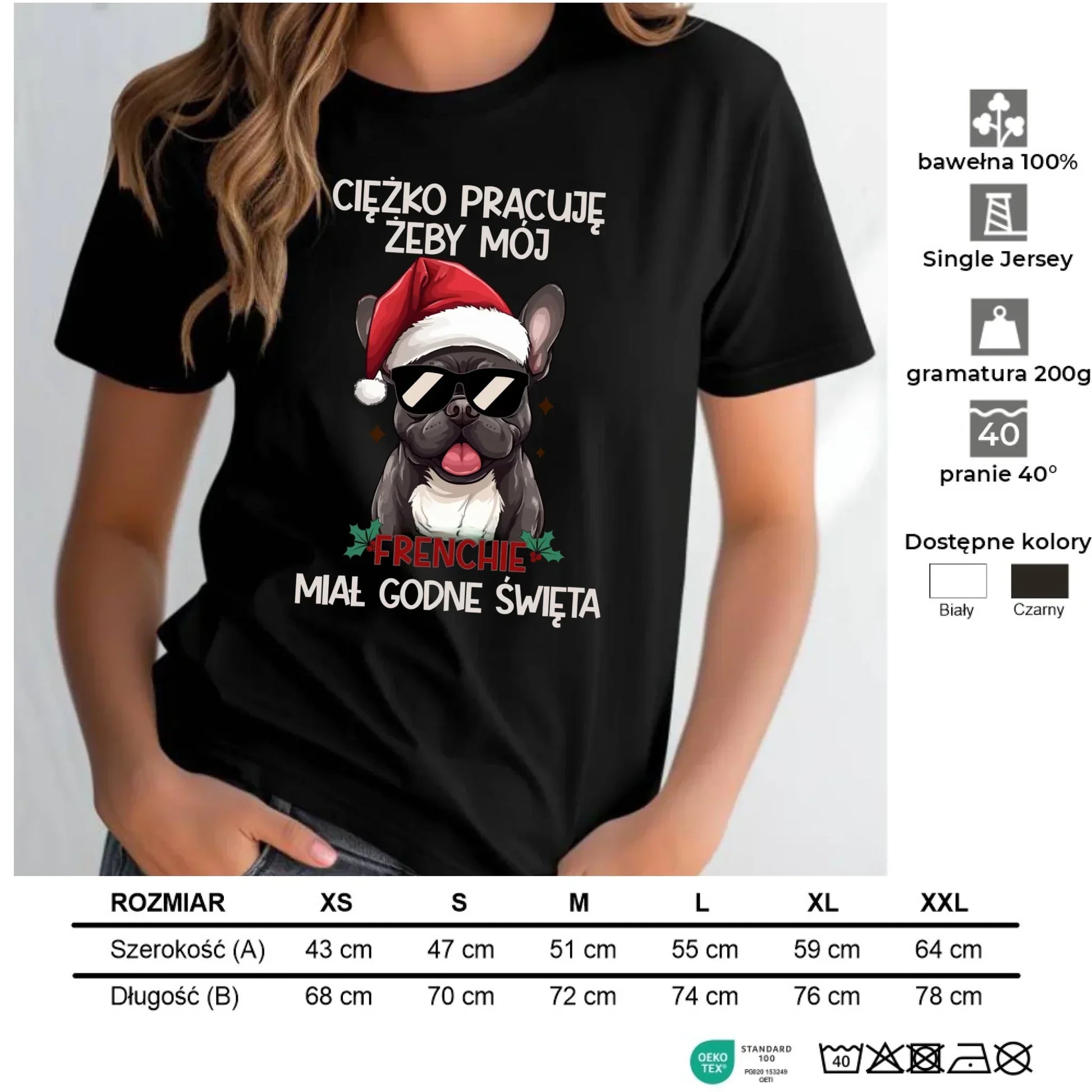 Koszulka damska świąteczna - Buldożek Francuski - Ciężko pracuję, żeby mój frenchie miał godne święta BN109 - StoryCups.pl