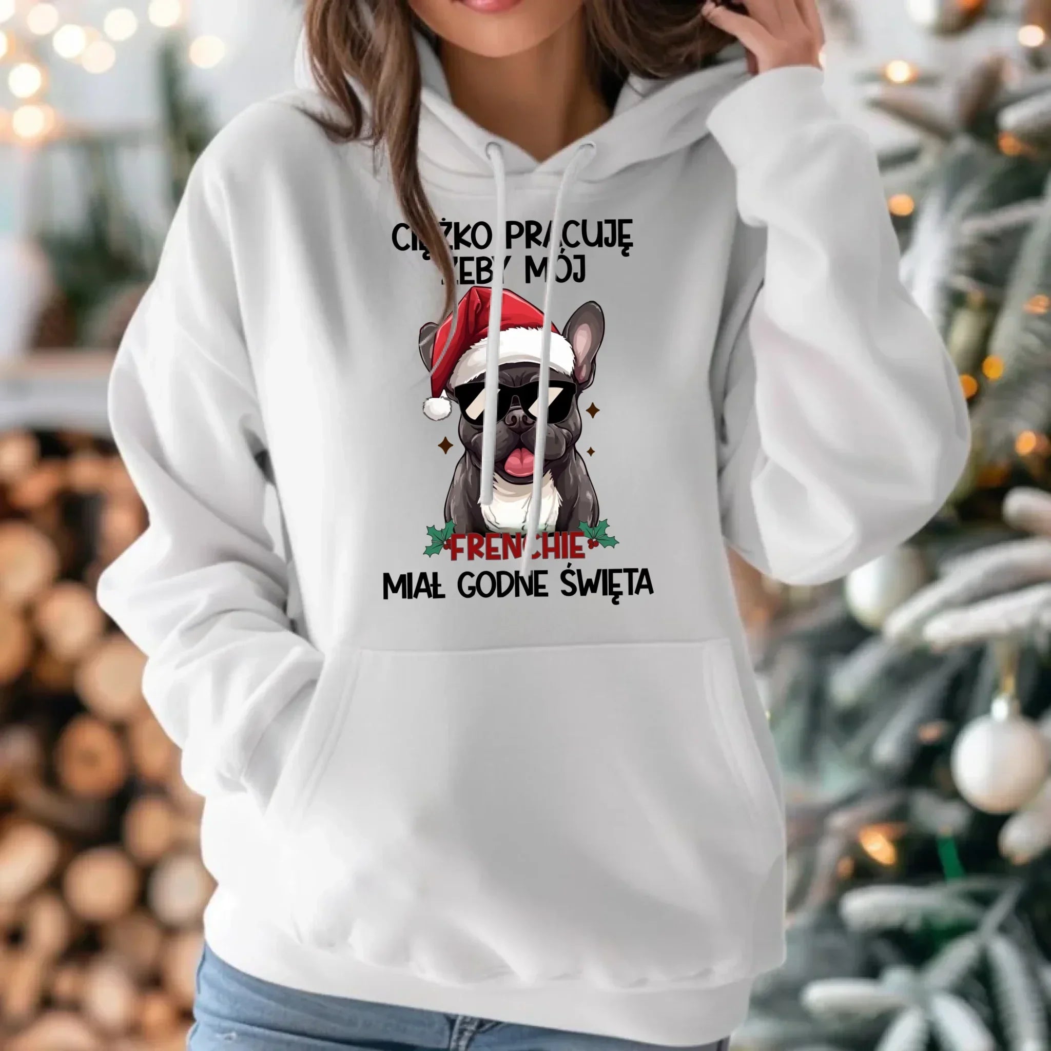 Bluza damska świąteczna - Buldożek Francuski - Ciężko pracuję, żeby mój frenchie miał godne święta BN109 - StoryCups.pl