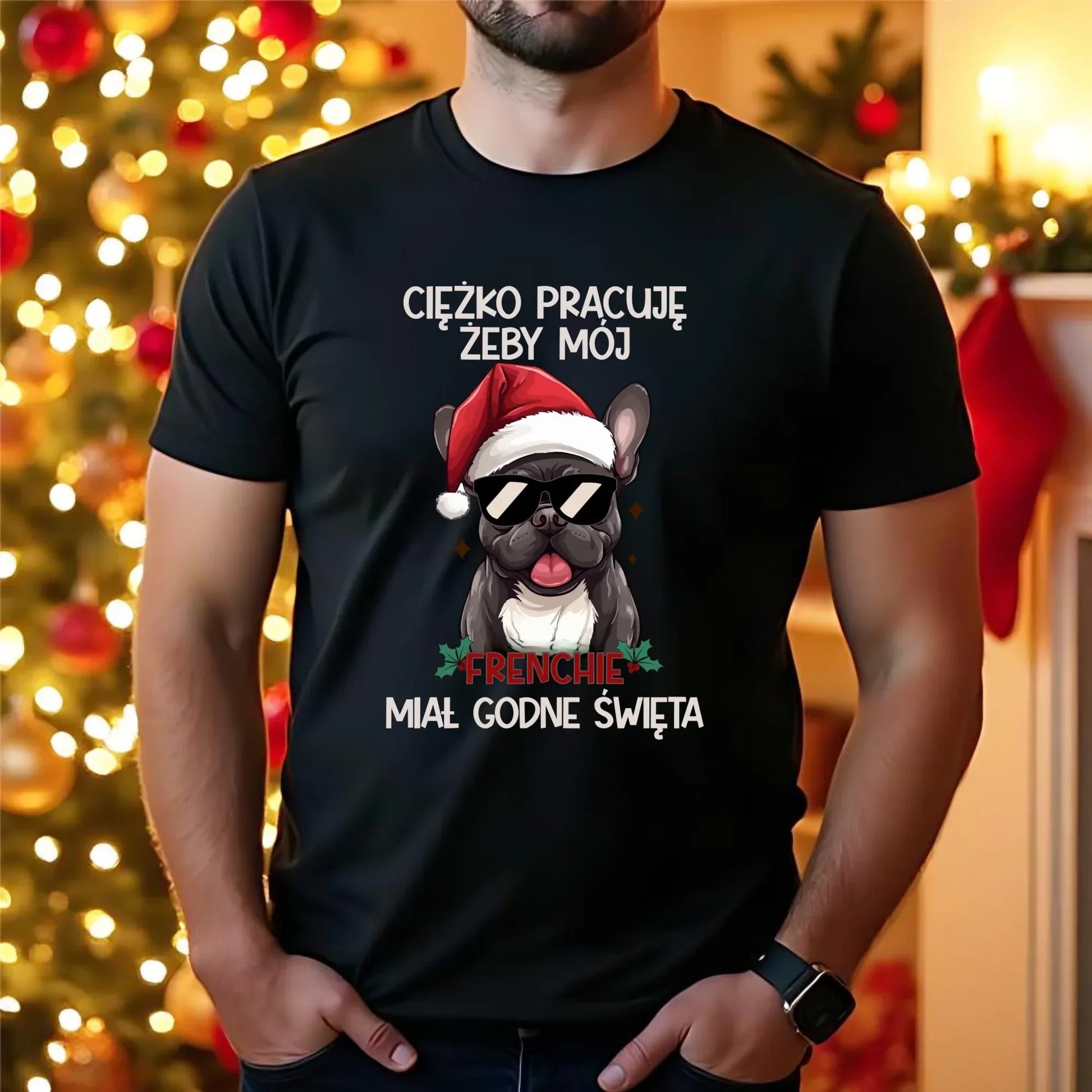 Koszulka męska świąteczna - Buldożek Francuski - Ciężko pracuję, żeby mój frenchie miał godne święta BN109 - StoryCups.pl