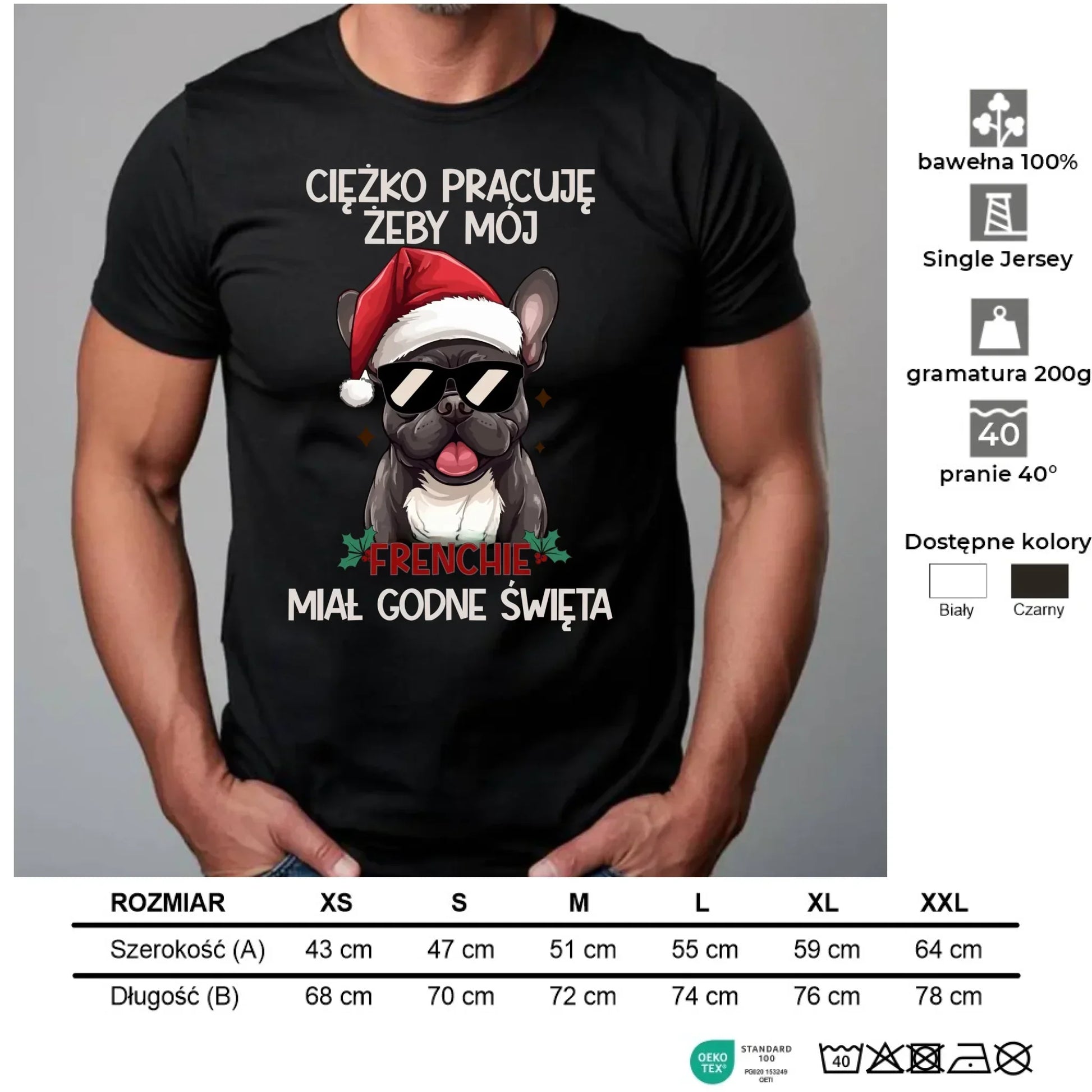 Koszulka męska świąteczna - Buldożek Francuski - Ciężko pracuję, żeby mój frenchie miał godne święta BN109 - StoryCups.pl