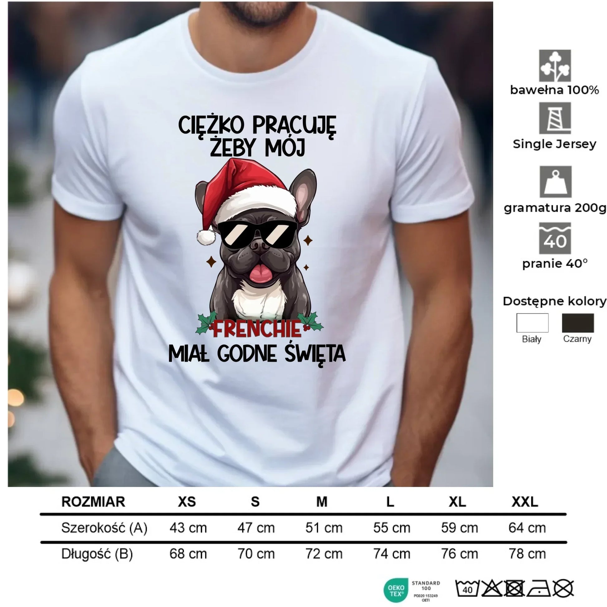 Koszulka męska świąteczna - Buldożek Francuski - Ciężko pracuję, żeby mój frenchie miał godne święta BN109 - StoryCups.pl