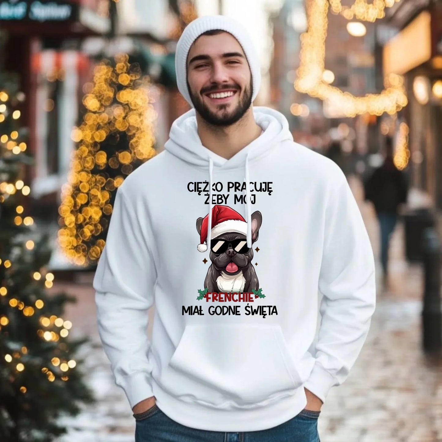 Bluza męska z kapturem świąteczna - Buldożek Francuski - Ciężko pracuję, żeby mój frenchie miał godne święta BN109 - StoryCups.pl