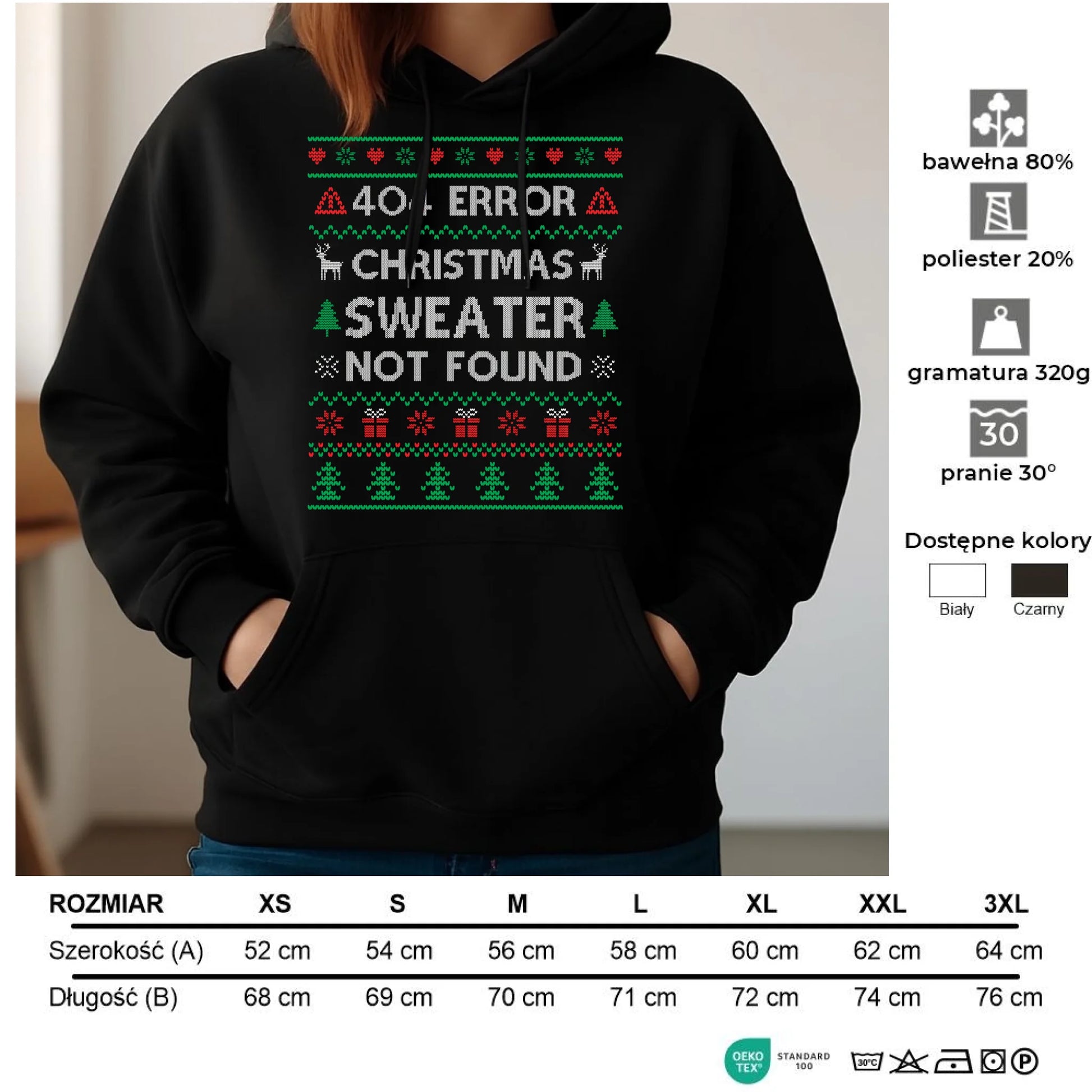 Bluza męska z kapturem świąteczna - Error 404 Christmas sweater not found BN107 - StoryCups.pl