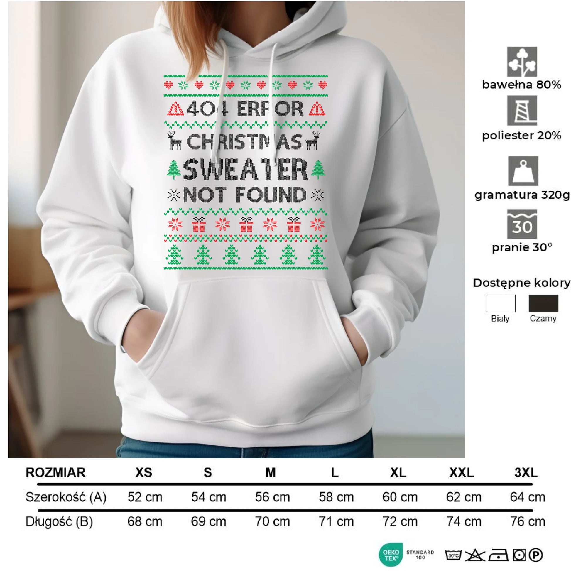 Bluza męska z kapturem świąteczna - Error 404 Christmas sweater not found BN107 - StoryCups.pl