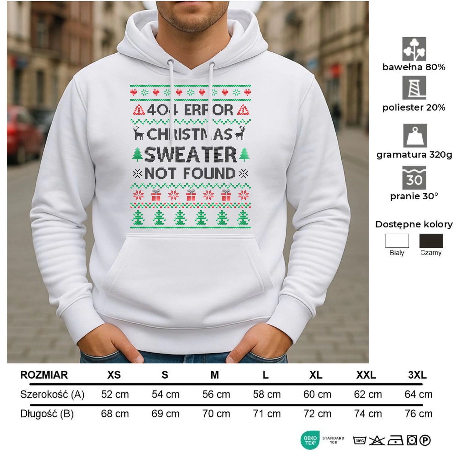 Bluza męska z kapturem świąteczna - Error 404 Christmas sweater not found BN107 - StoryCups.pl