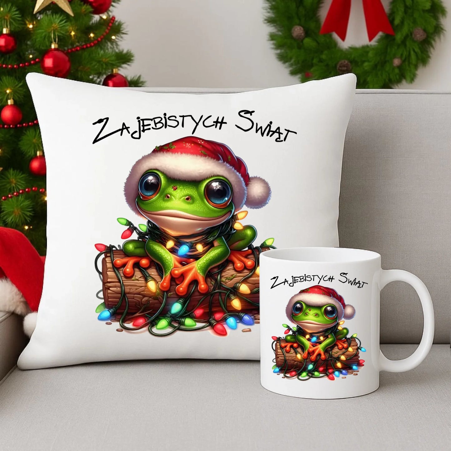 Zestaw poduszka i kubek świąteczny - Żaba - Żajebistych Świąt BN106 - StoryCups.pl