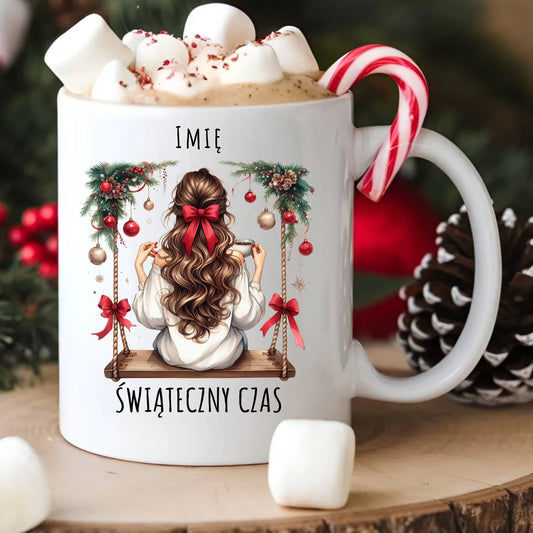 Kubek świąteczny - Dziewczyna na huśtawce - Świąteczny czas - personalizowany BN105 - StoryCups.pl